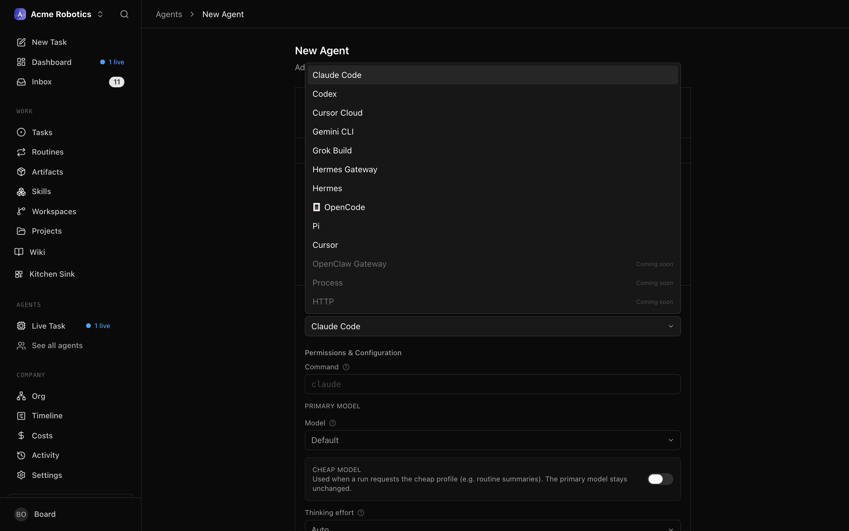 Adapter type dropdown showing all available options