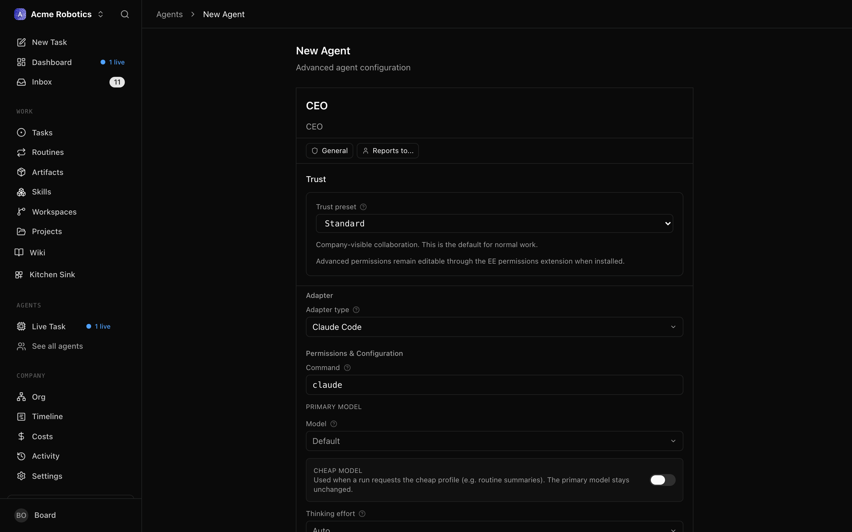 Claude local adapter configuration form with all fields filled in
