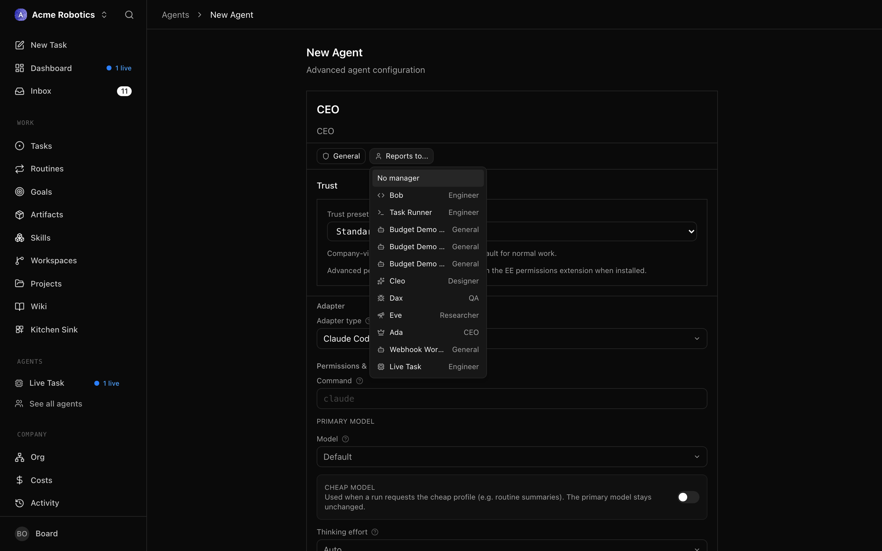 New agent form showing the Reports to dropdown with CEO selected