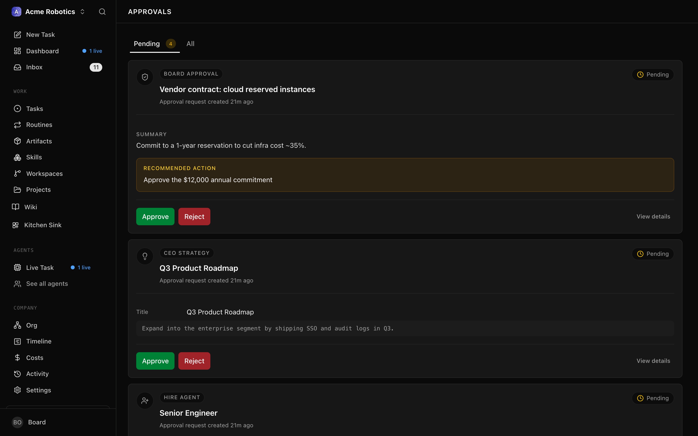 Approvals queue with a pending request_board_approval row