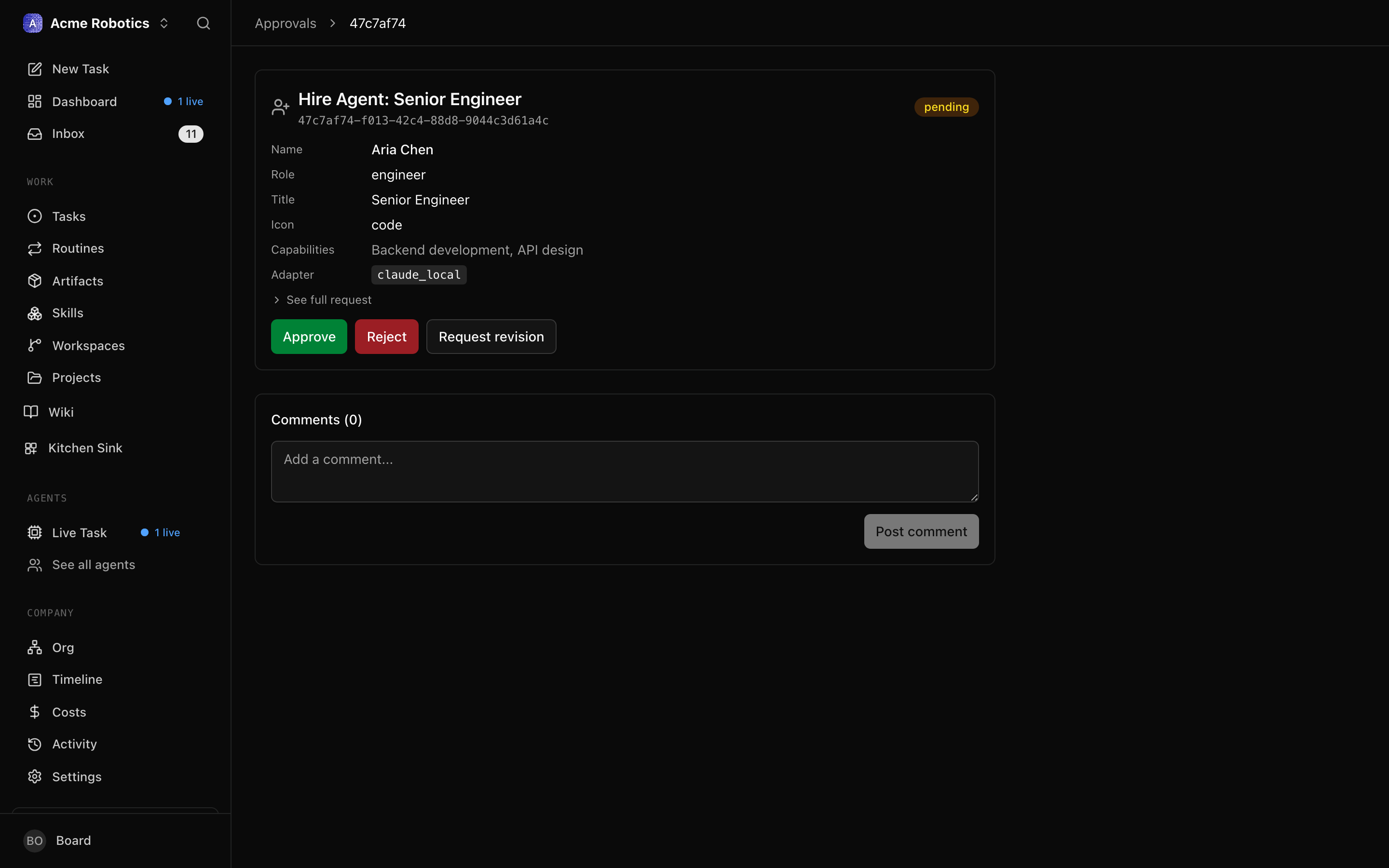Hire approval detail showing proposed agent name, role, capabilities description, adapter type, and budget