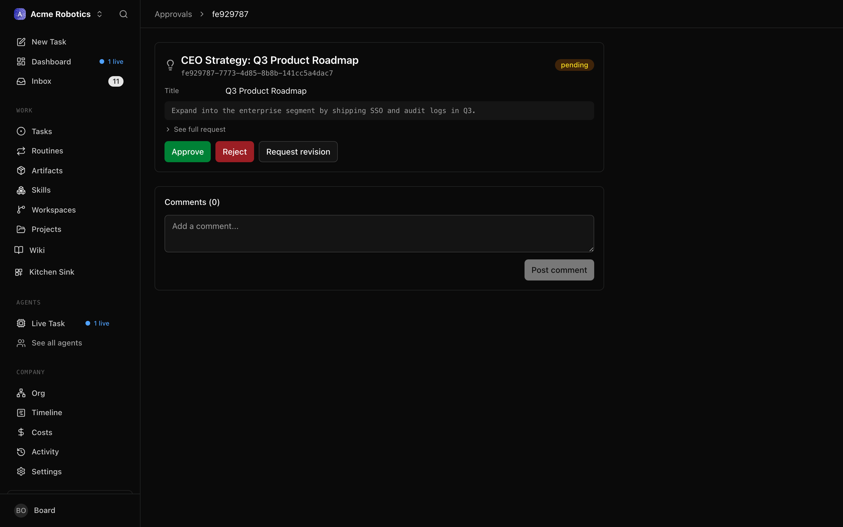 The strategy approval detail page showing the CEO's proposed plan
