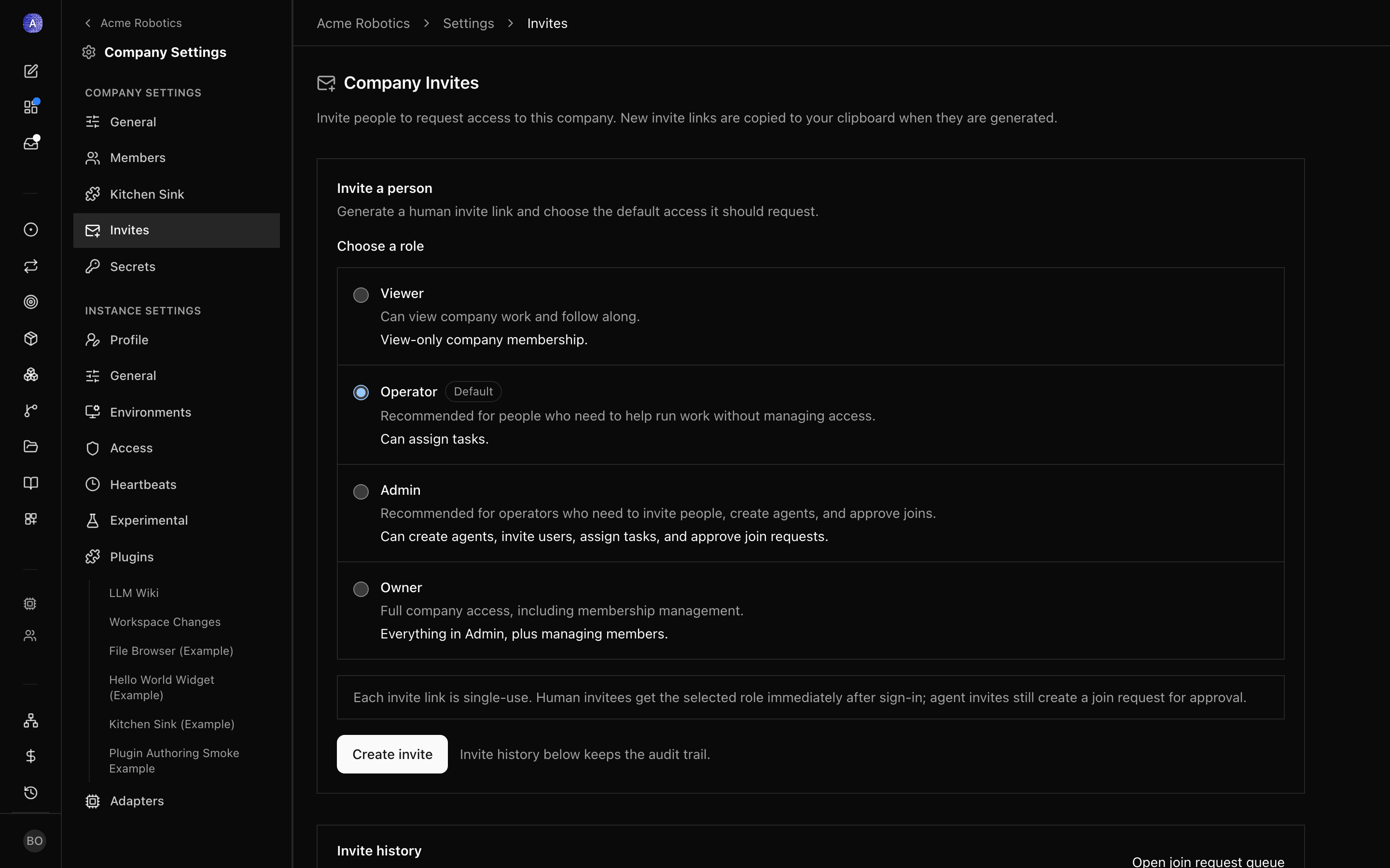 Company Invites page
