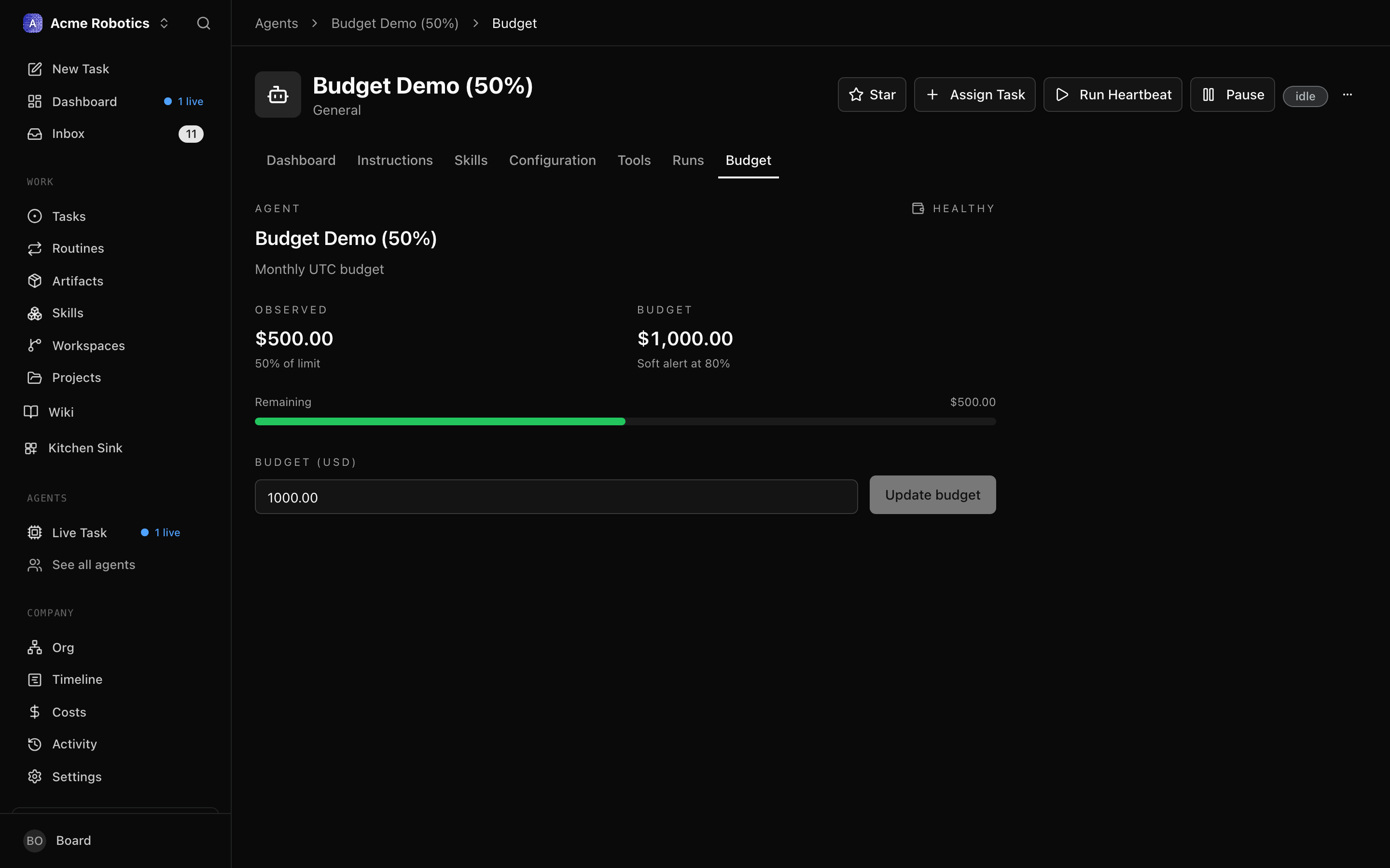Agent budget bar at approximately 50% — green, no warning