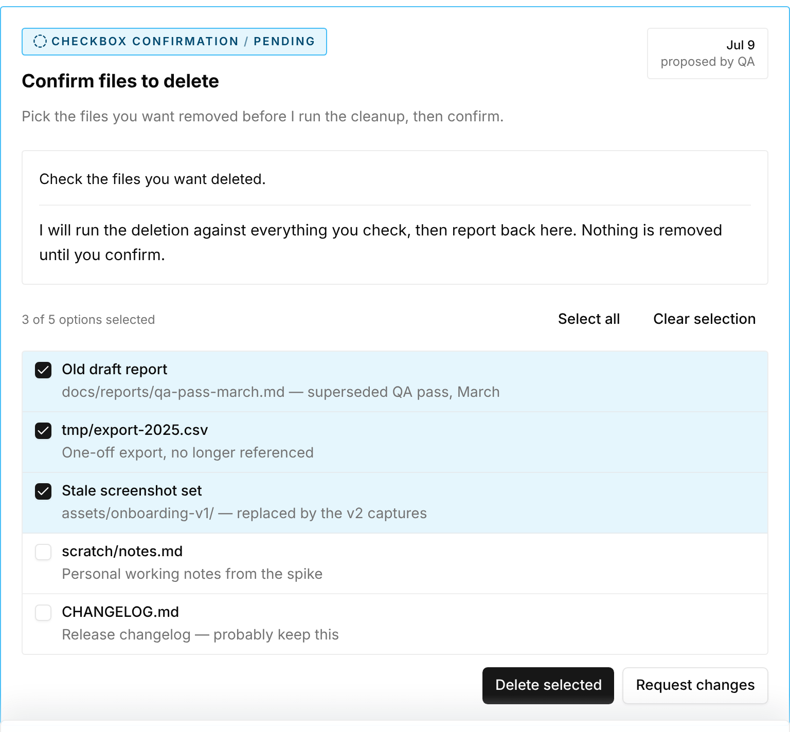 A checkbox confirmation card in an issue thread: prompt, markdown details, a five-option list with three options checked, select-all and clear-selection controls, and custom accept and reject buttons.