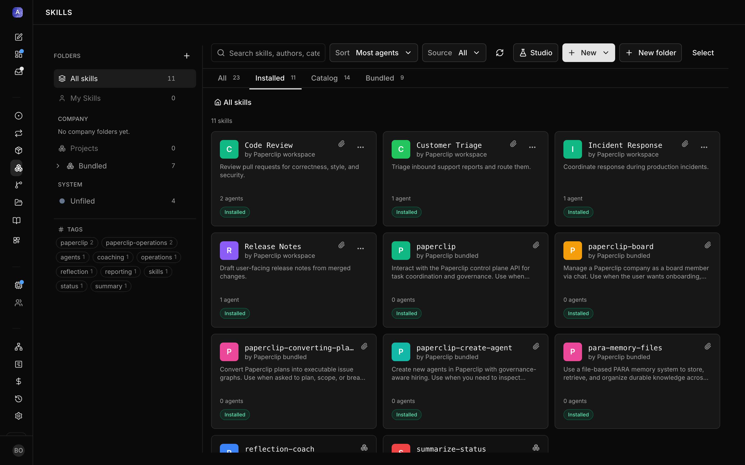 Skills page showing available skills with their names and descriptions