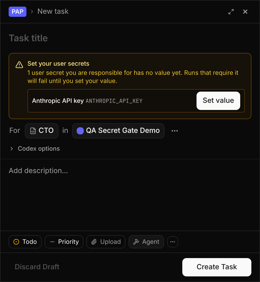 The check surfaced at task creation: a user secret the responsible user hasn't supplied yet, with an inline prompt to set the value