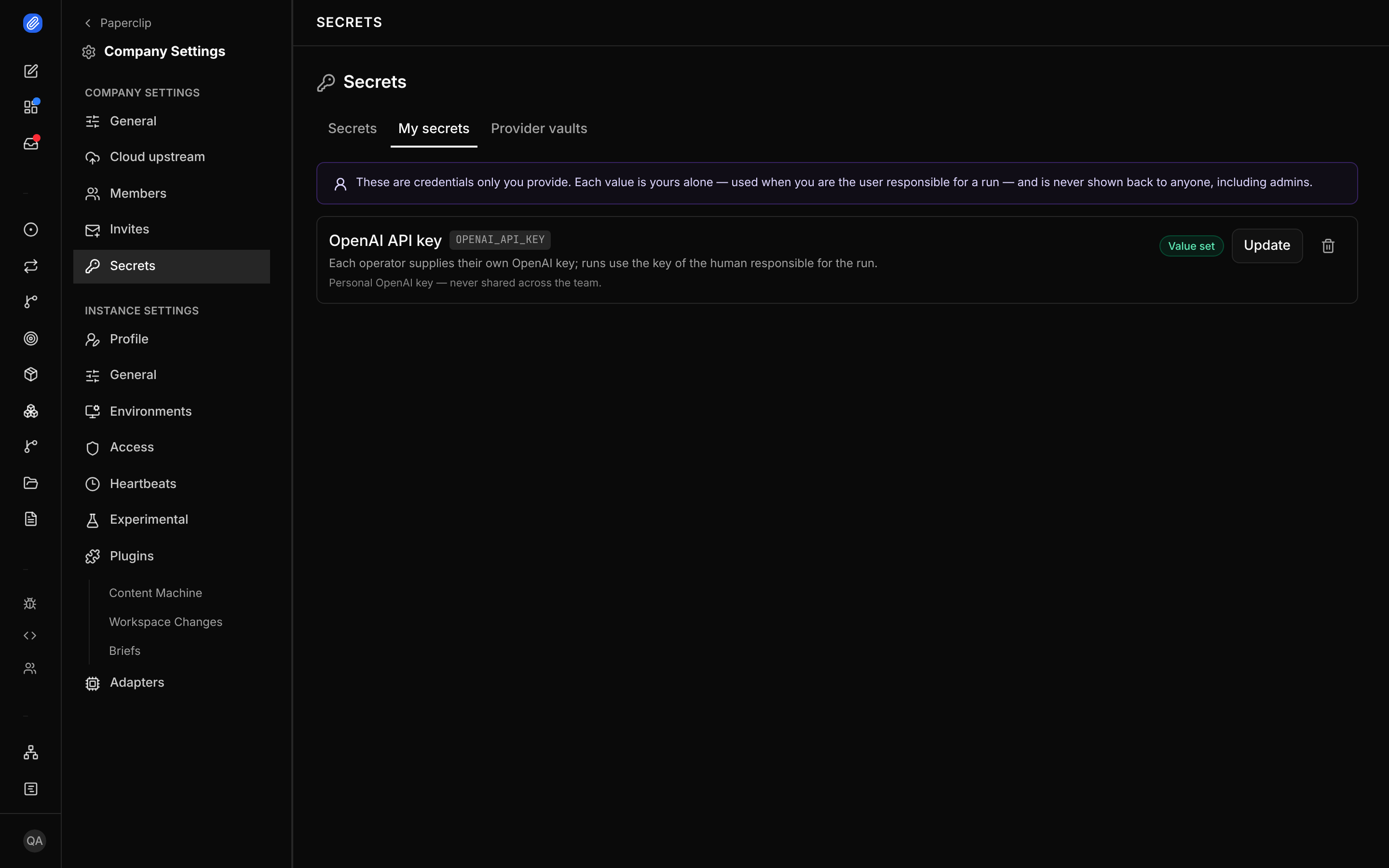 The My secrets tab, where the current user supplies their own value for a user-scoped definition