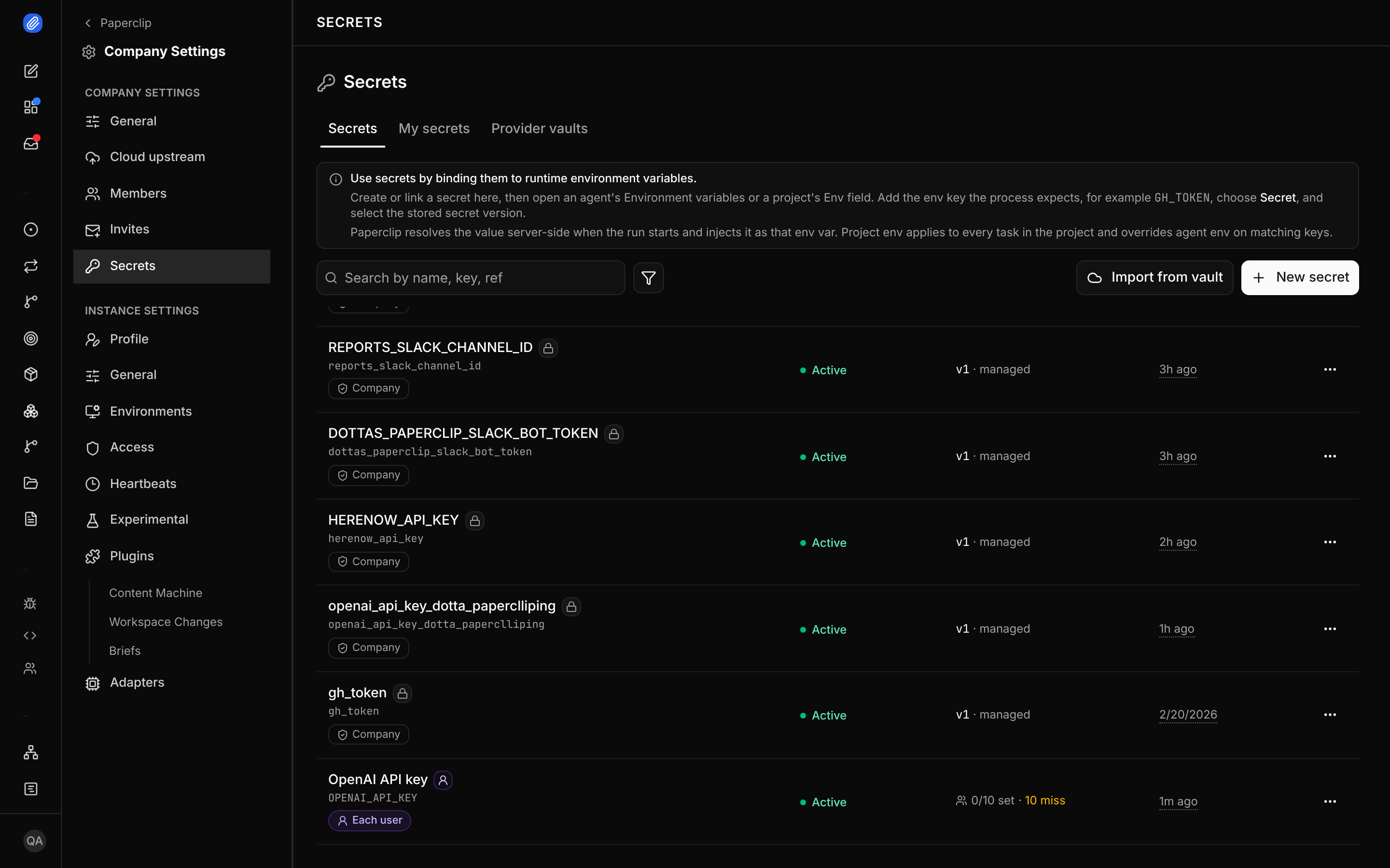 A user-scoped secret definition in the secrets UI, with the user scope distinct from company scope