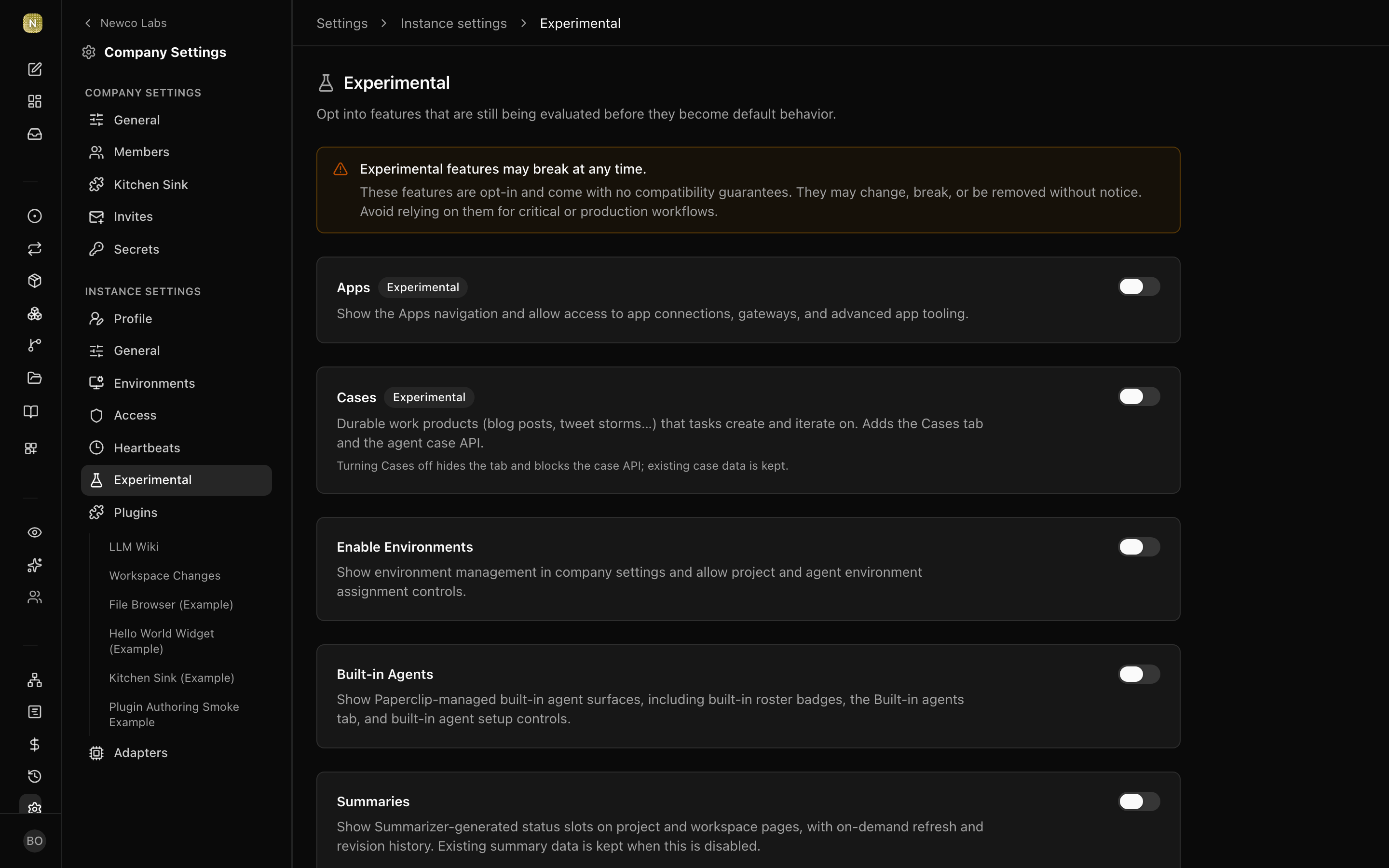 The Experimental settings page