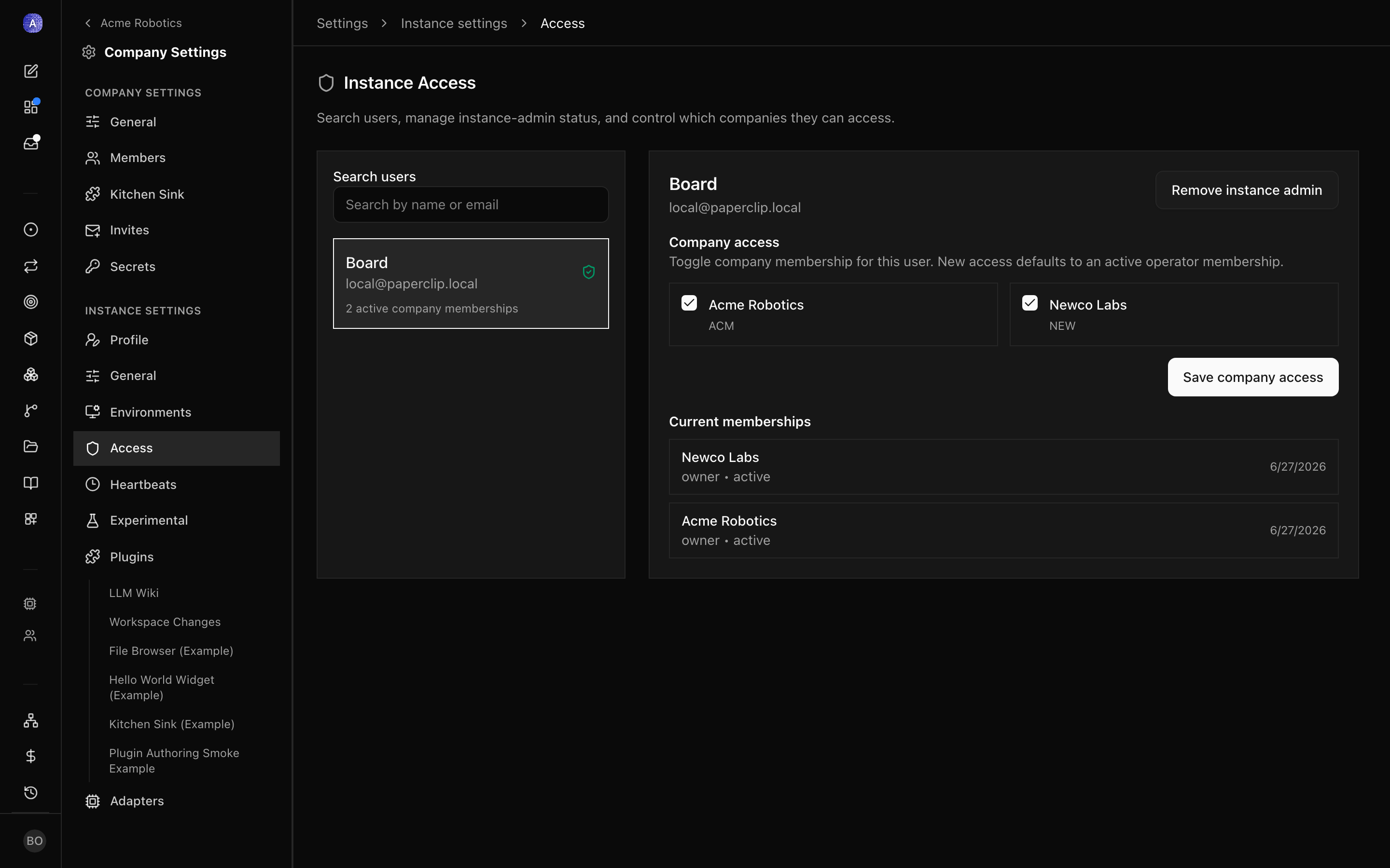 Instance Access page