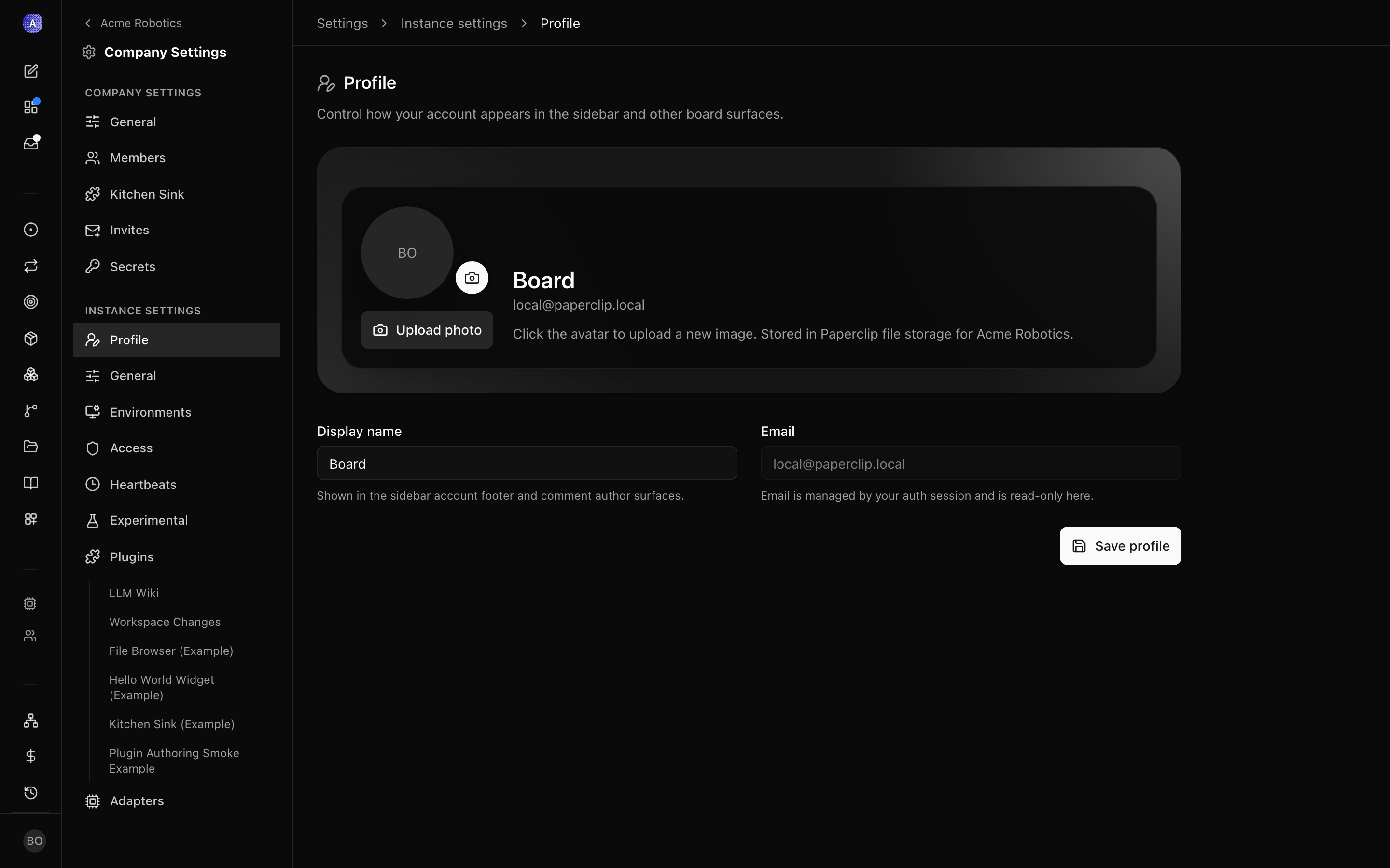 The profile settings page, where you edit your own name and avatar