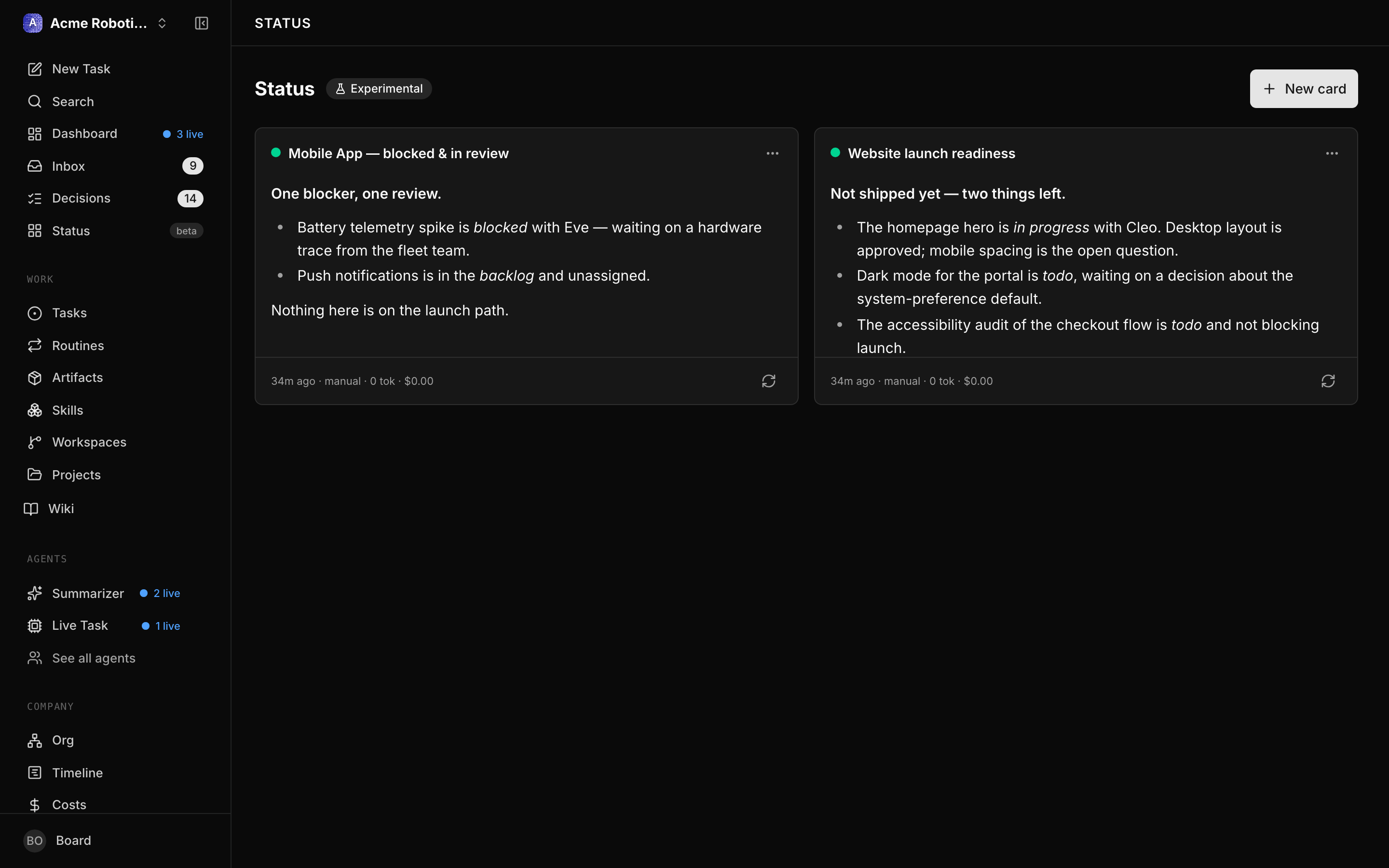 The Status board: one tile per card, each with a state dot, its title, the live summary, and a footer showing freshness, update policy, and today's tokens and cost
