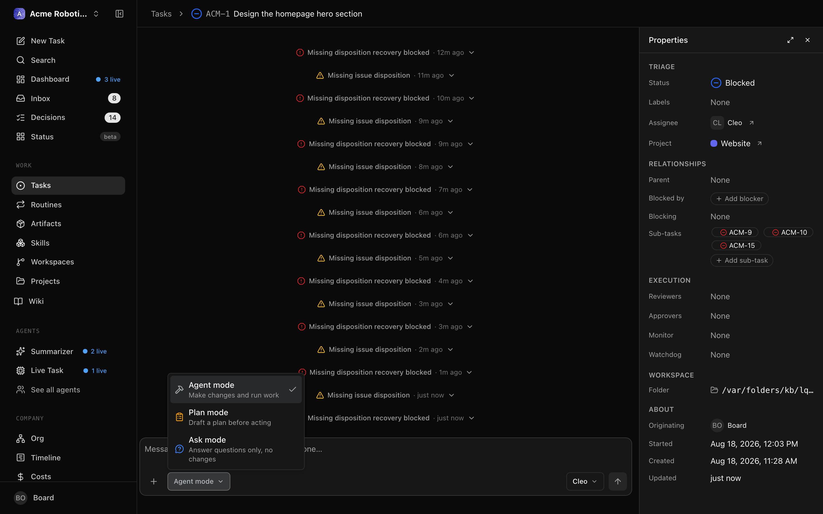 The composer's mode picker open, offering Agent mode, Plan mode, and Ask mode