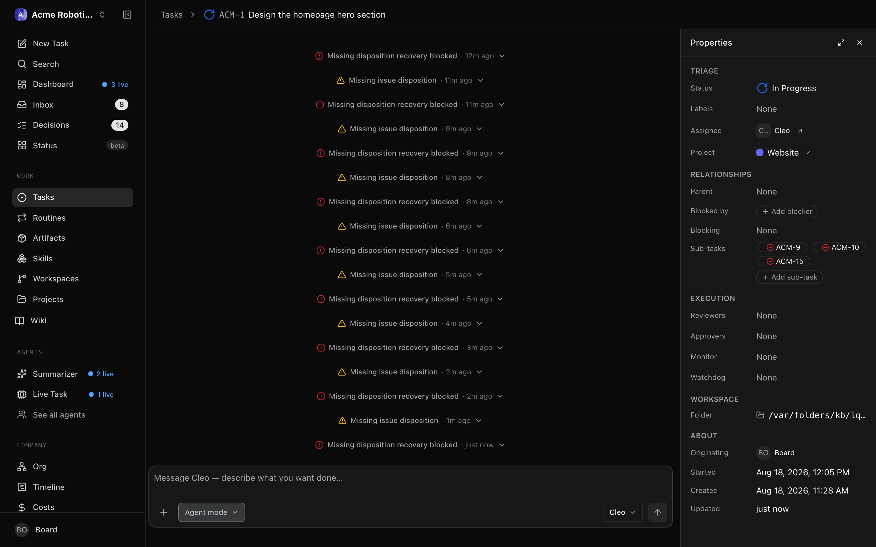 The side pane on the right of the task page, with its Properties, Plan, and Artifacts tabs