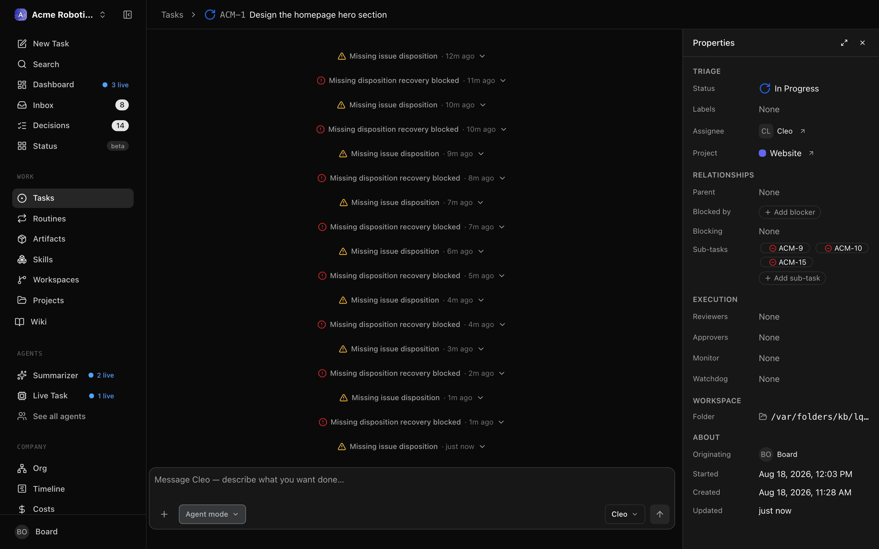 The task page with Chat-Style Tasks on: the thread fills the centre column as a conversation, with the properties pane on the right
