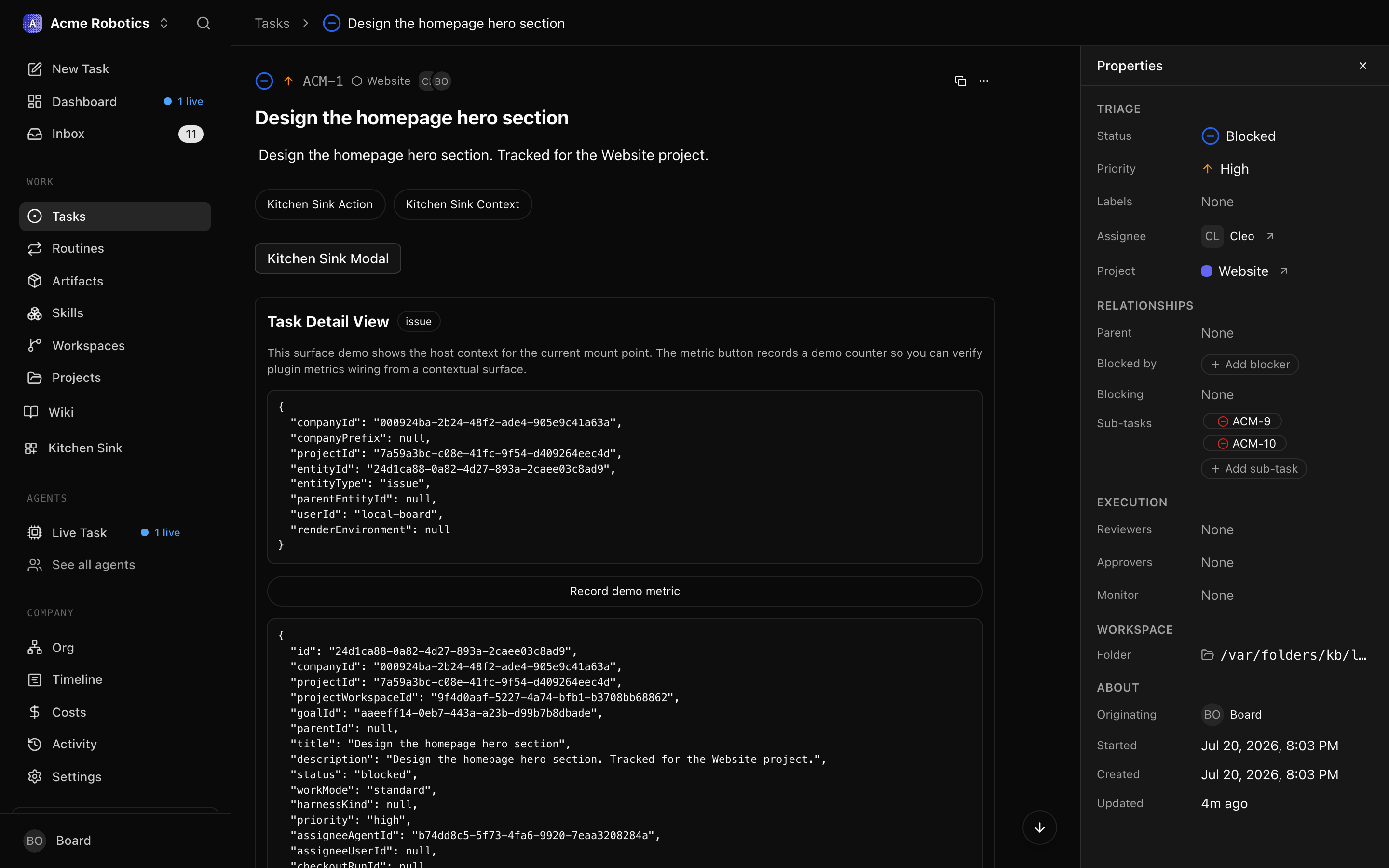 A task detail page showing the comment thread with the CEO's working notes