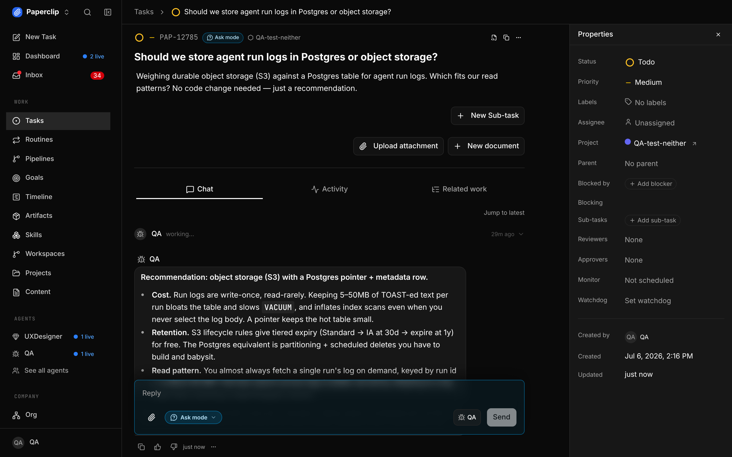 An ask-mode task where the question is the description and the agent's recommendation comes back as a reply in the thread.