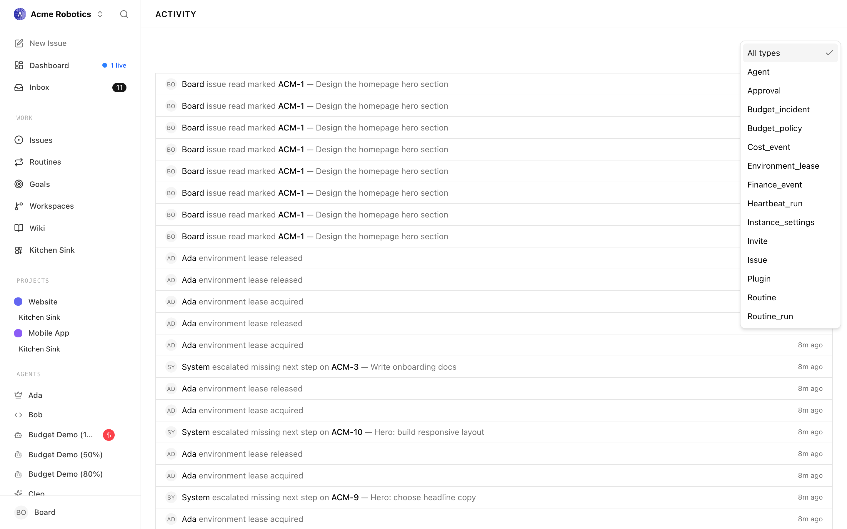 Activity Log with the filter bar open, showing options for agent, entity type, and time range