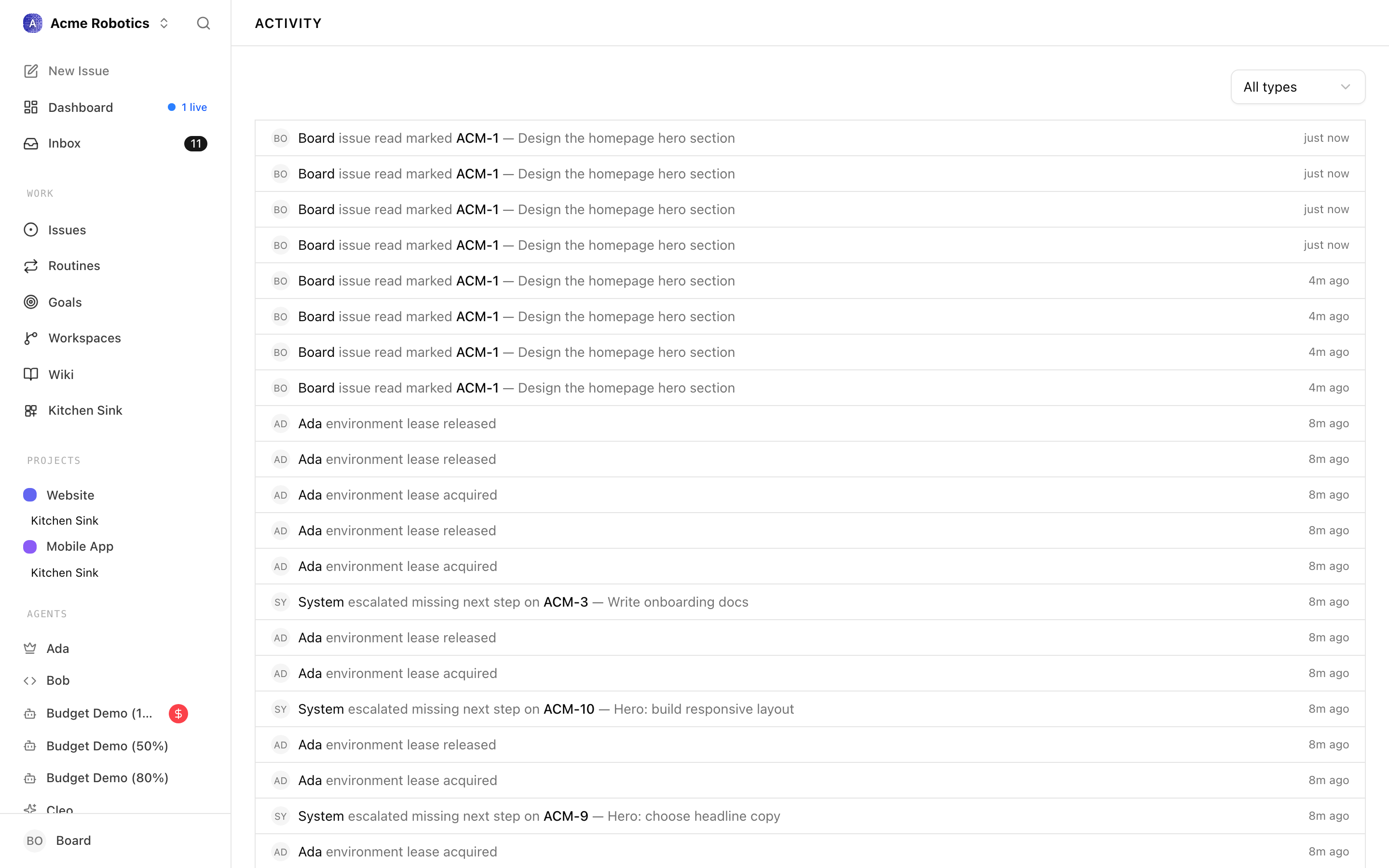 Activity Log page showing a full chronological feed of events with actor names, action descriptions, and timestamps