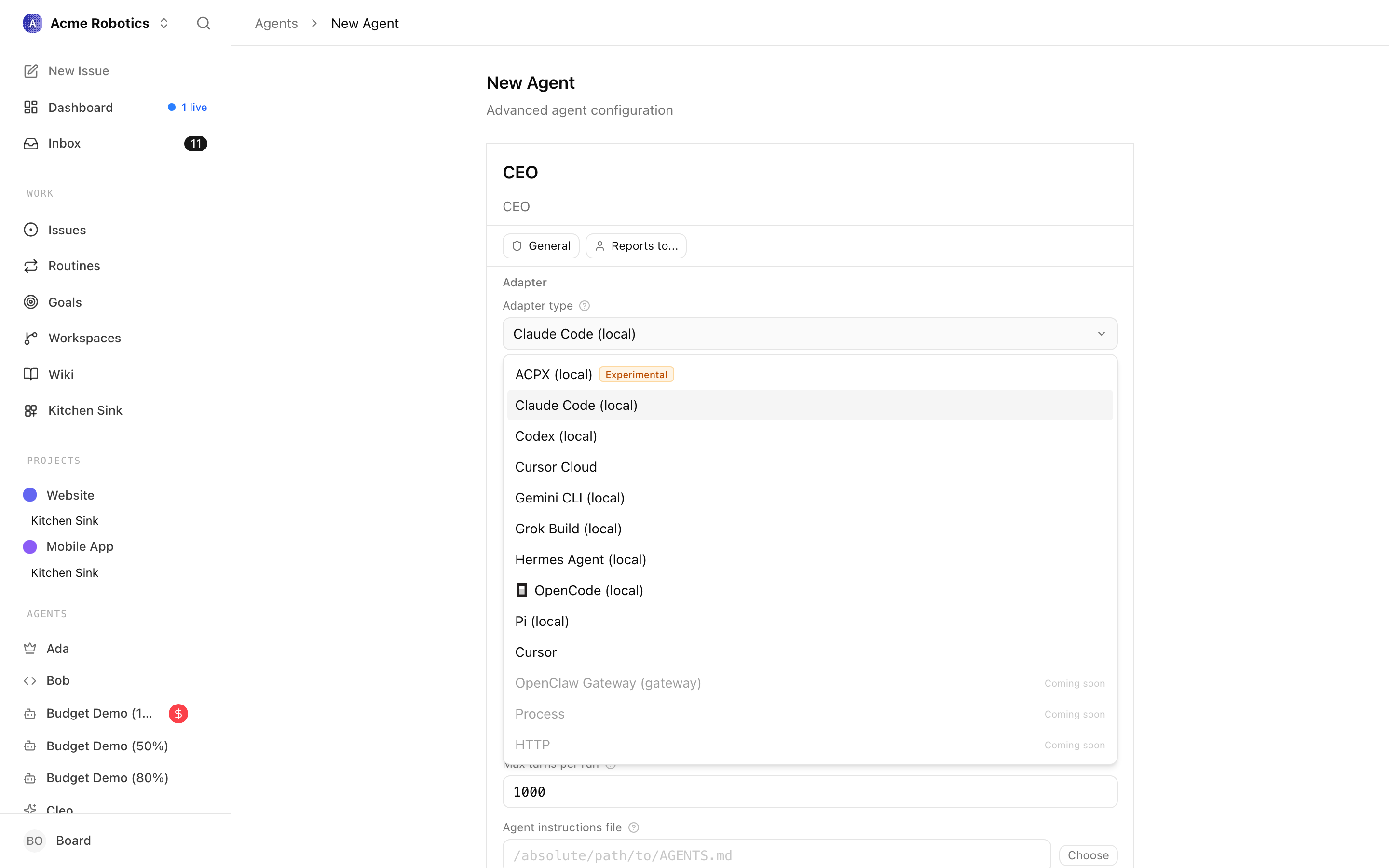Adapter type dropdown showing all available options