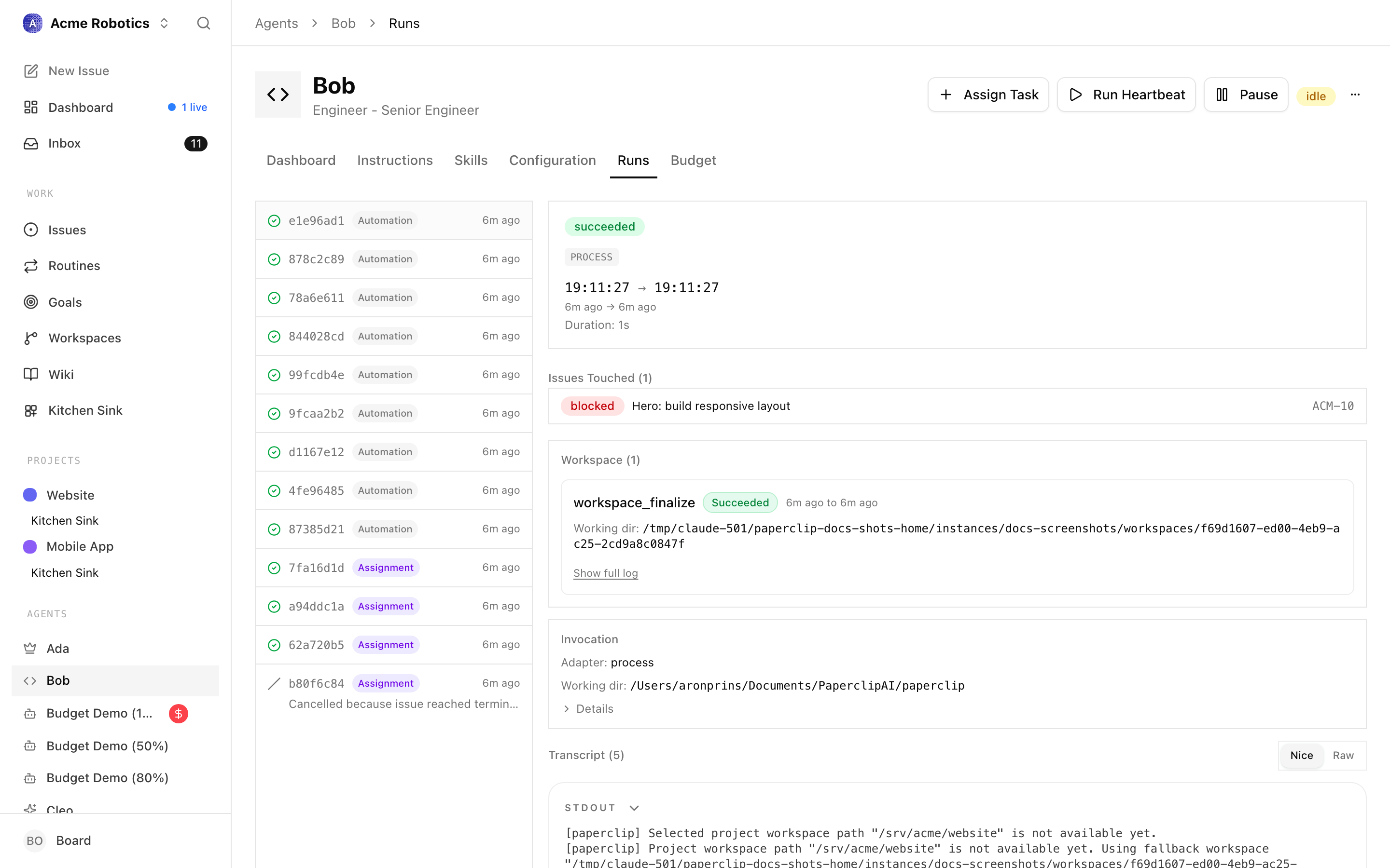 The agent detail page showing run history with heartbeat transcripts