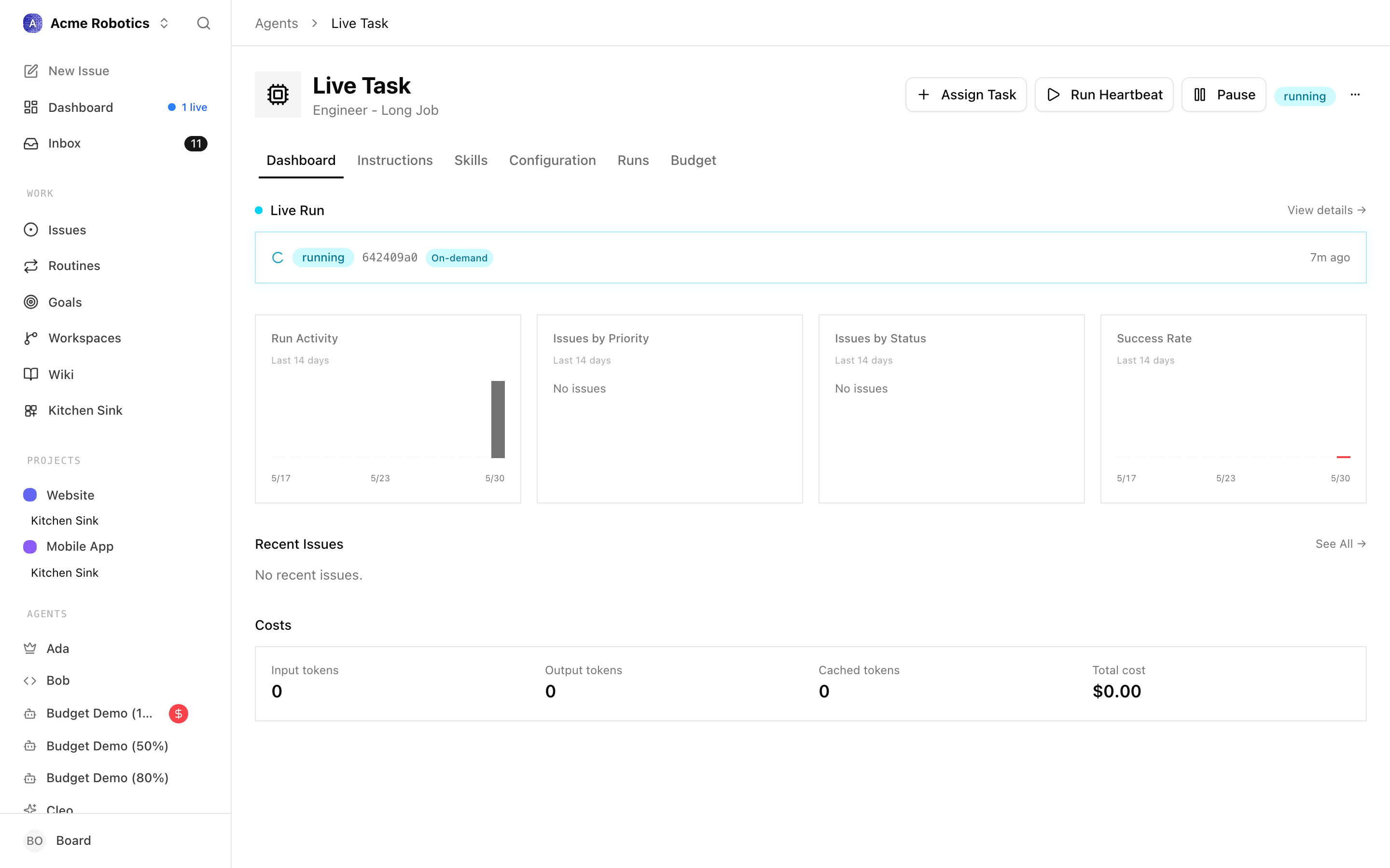 The agent detail page showing the CEO in "running" status with a live progress indicator