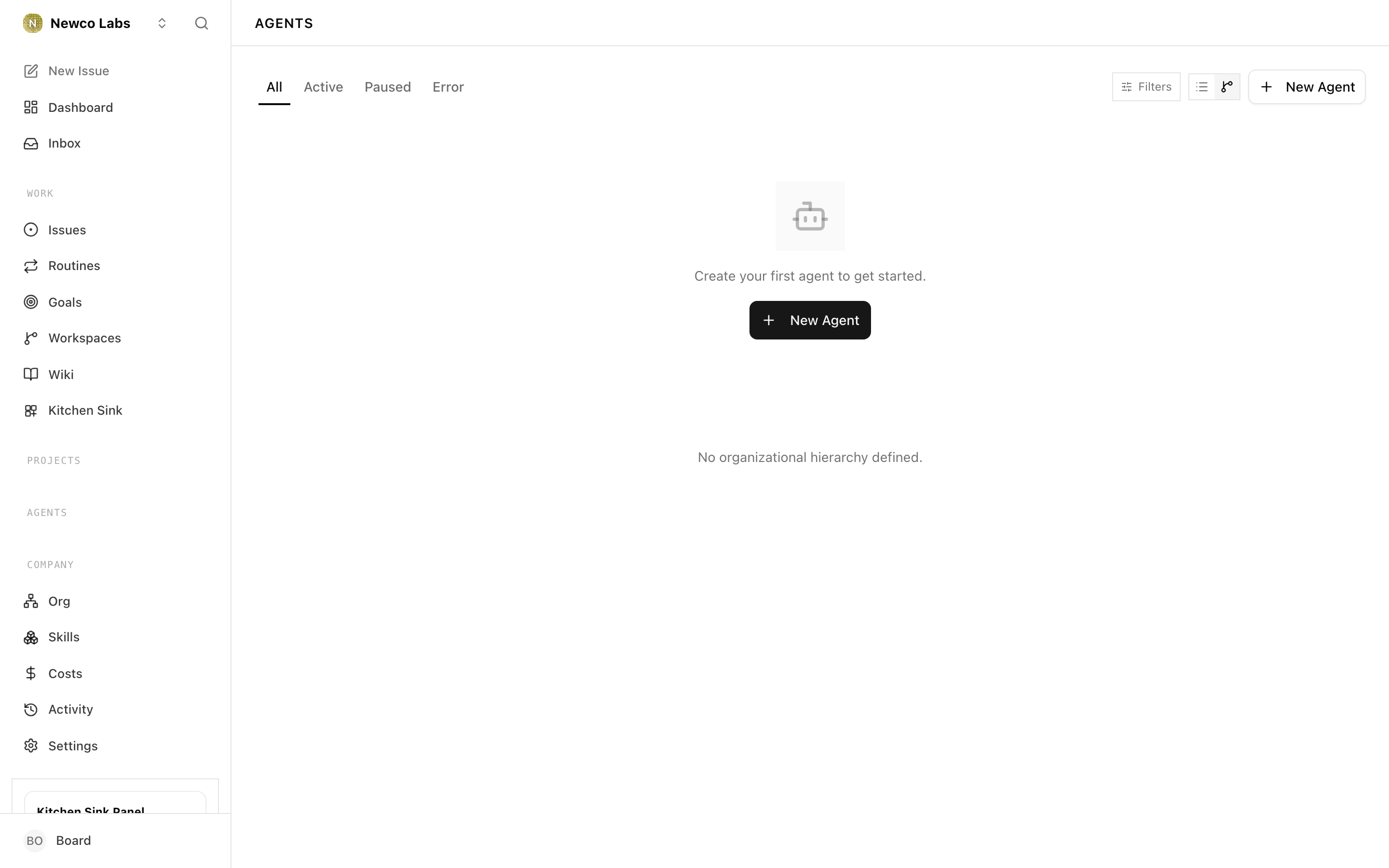 Agents list page showing the New Agent button