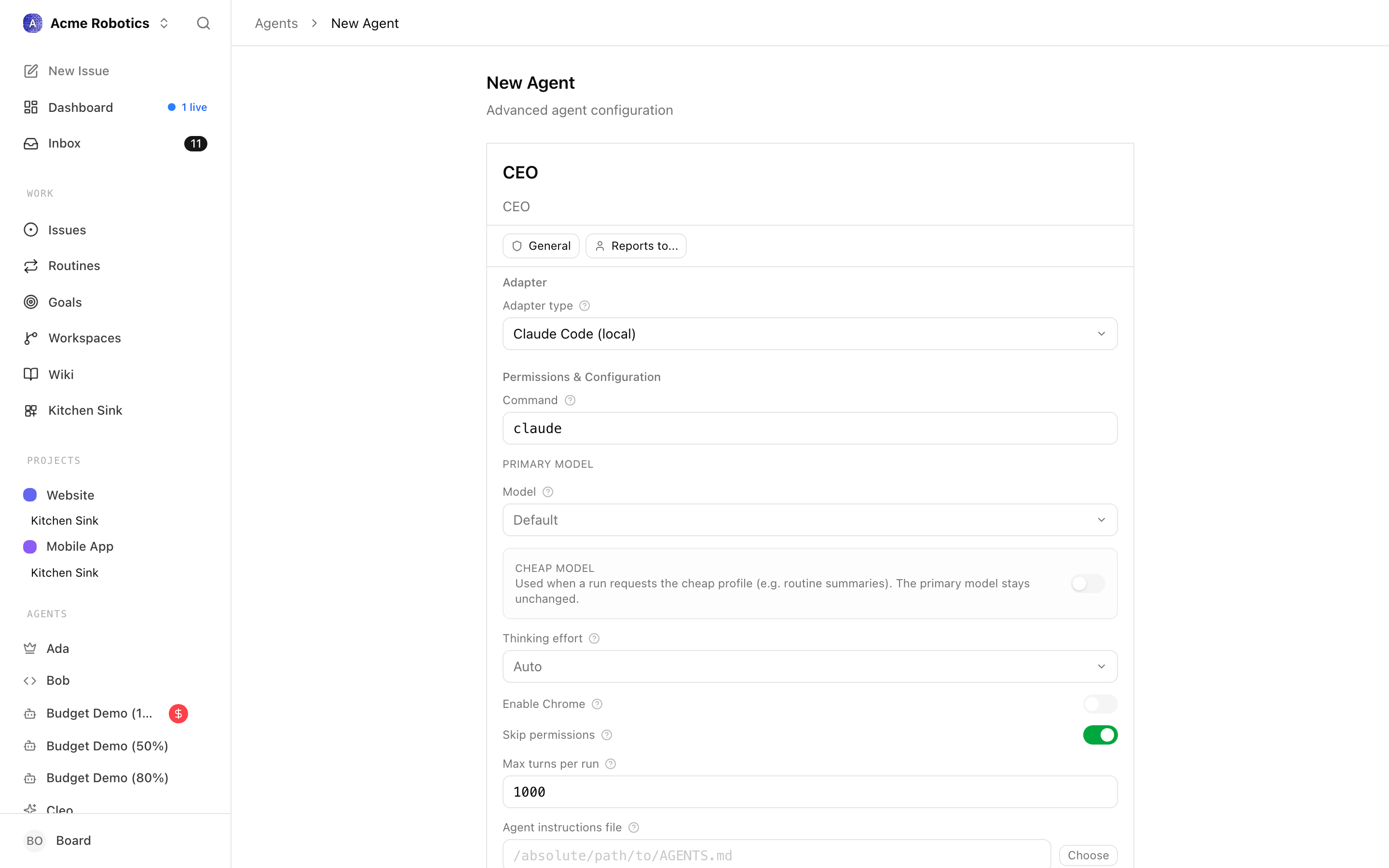 Claude local adapter configuration form with all fields filled in