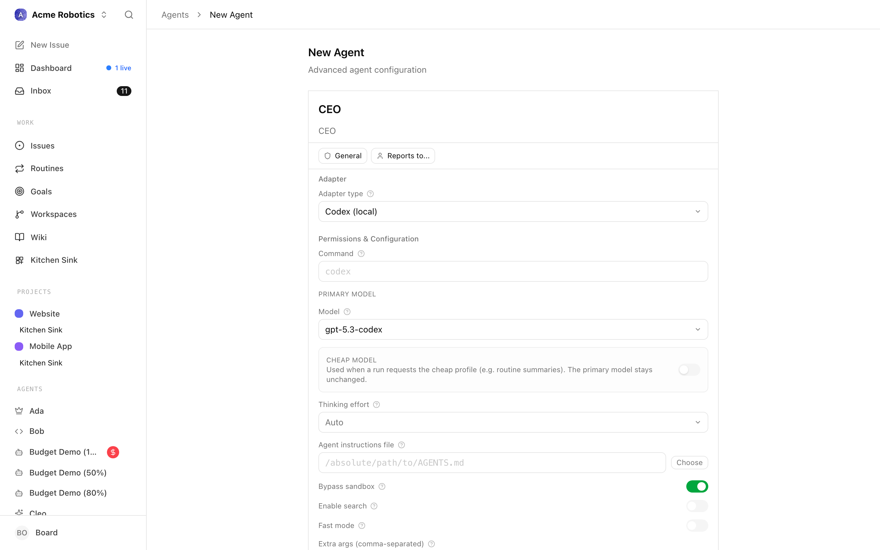Codex local adapter configuration form