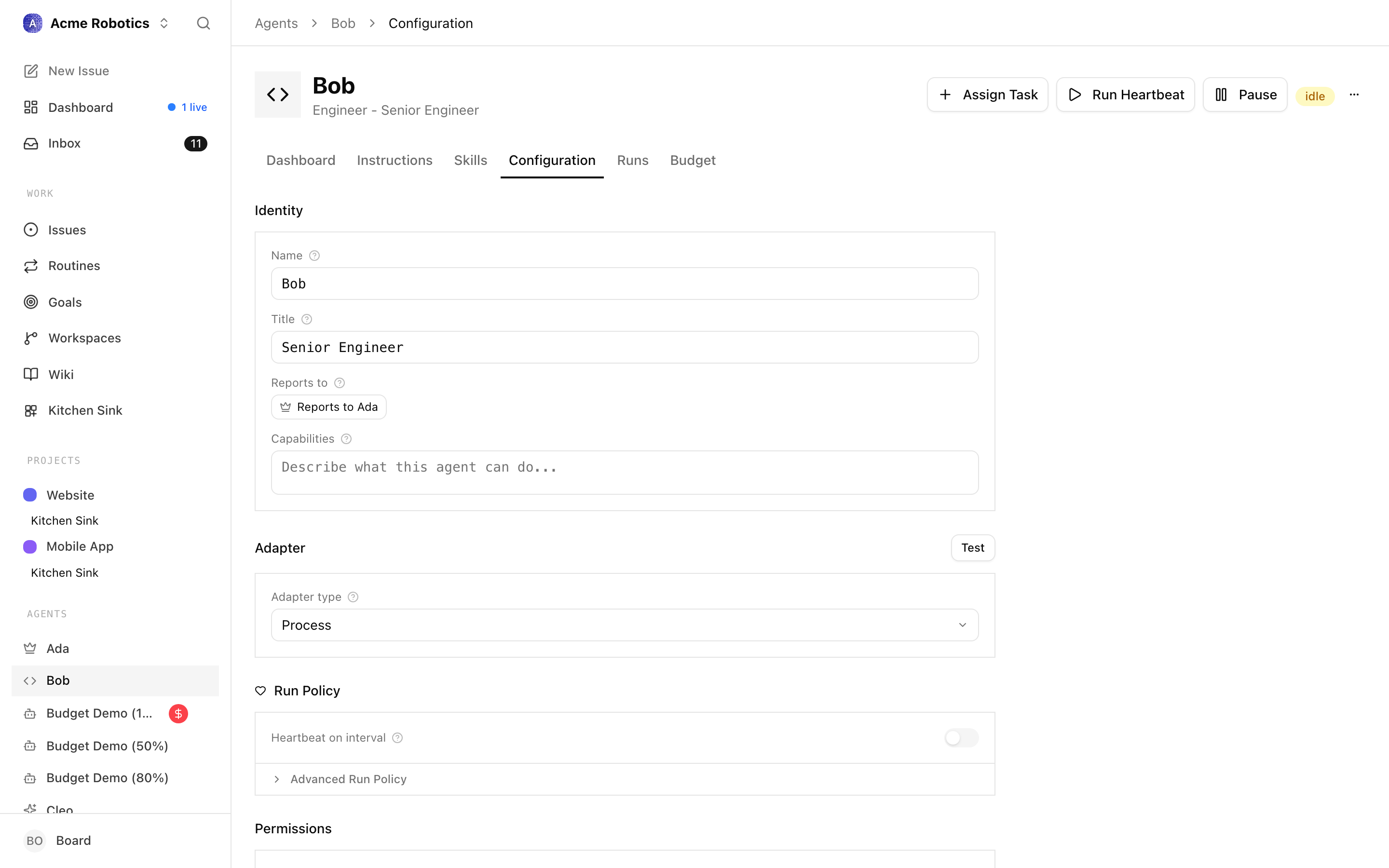 The agent detail page with the heartbeat toggle in its disabled state
