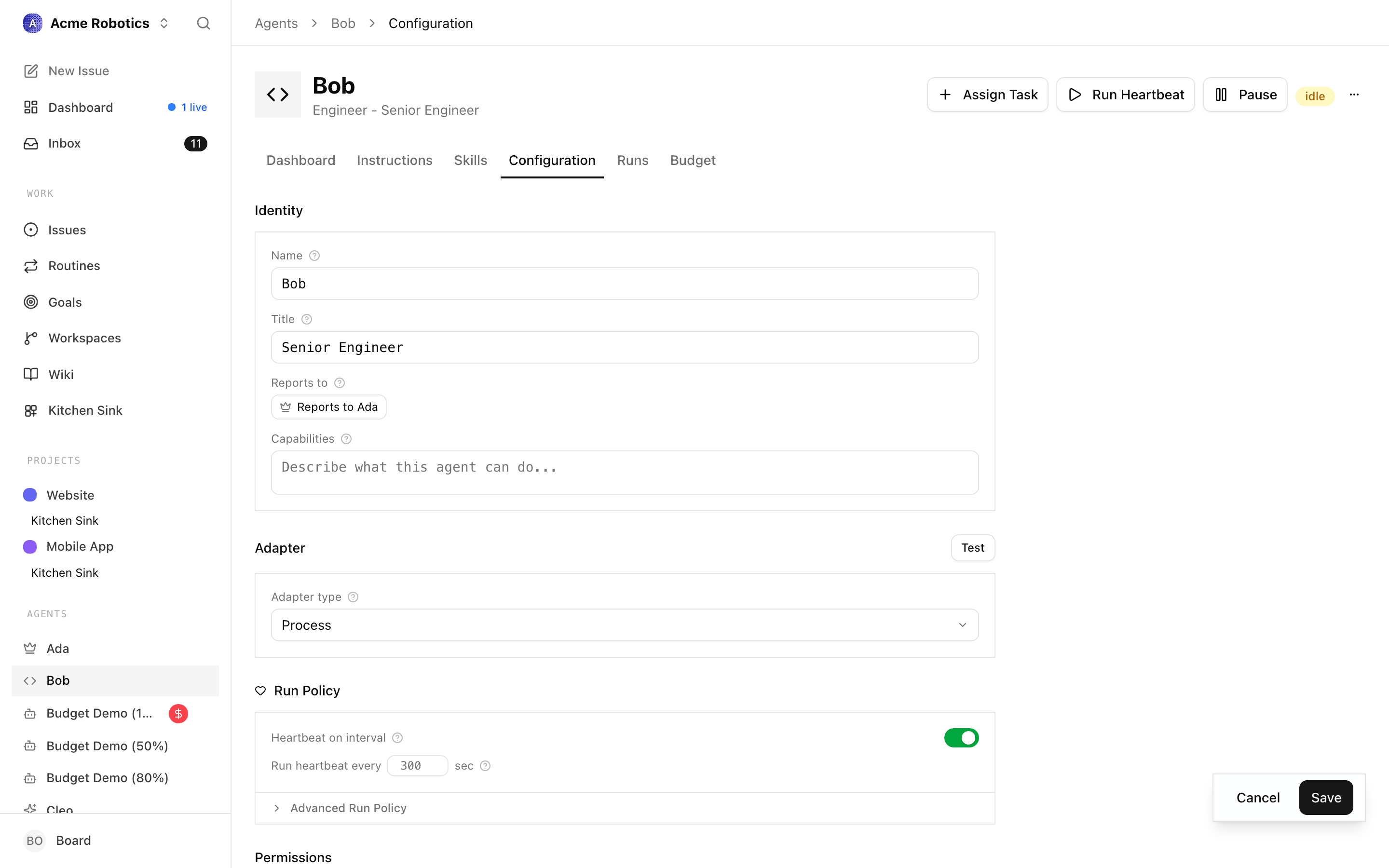 The agent detail page with the heartbeat toggle in its enabled state