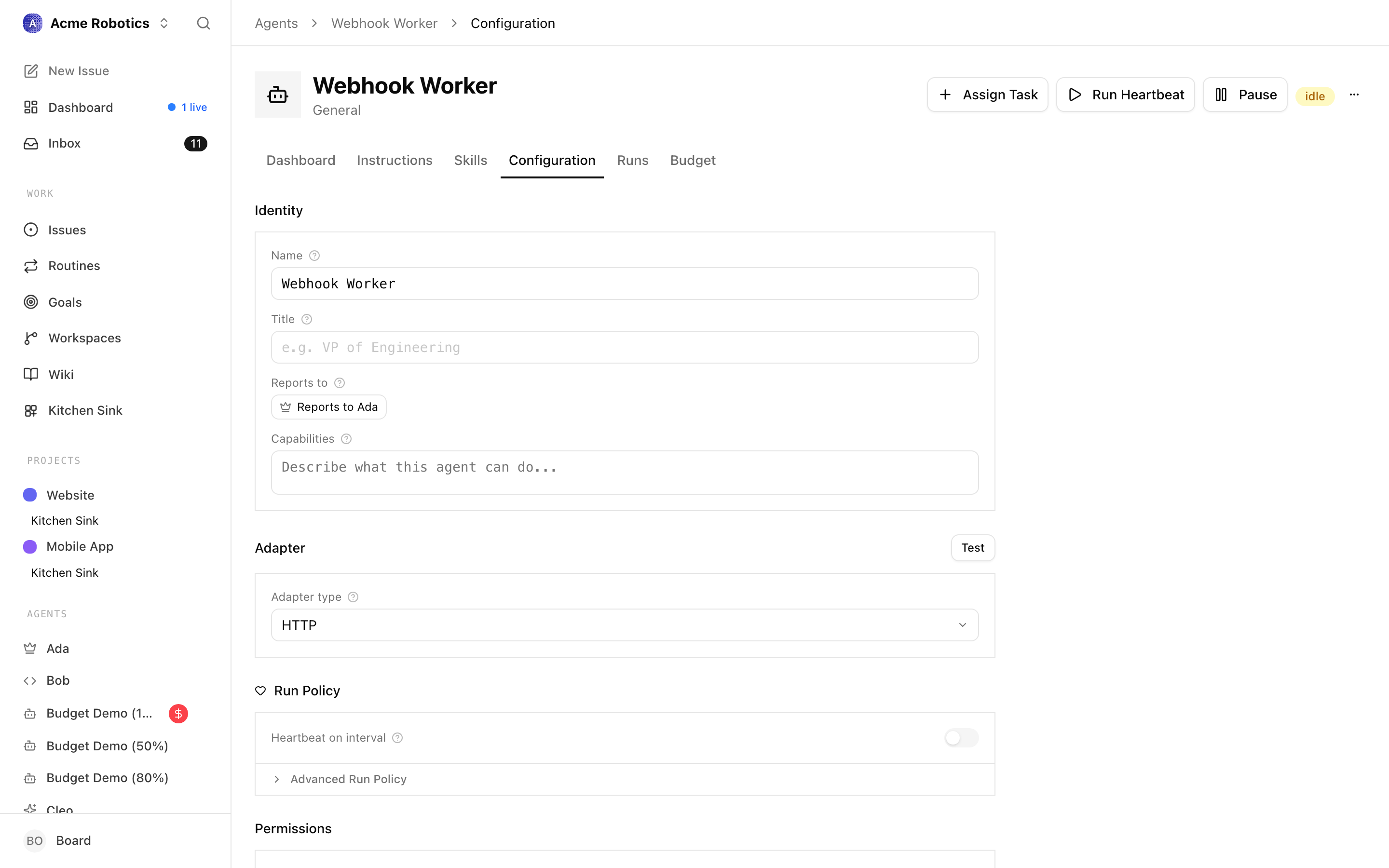 HTTP adapter configuration form