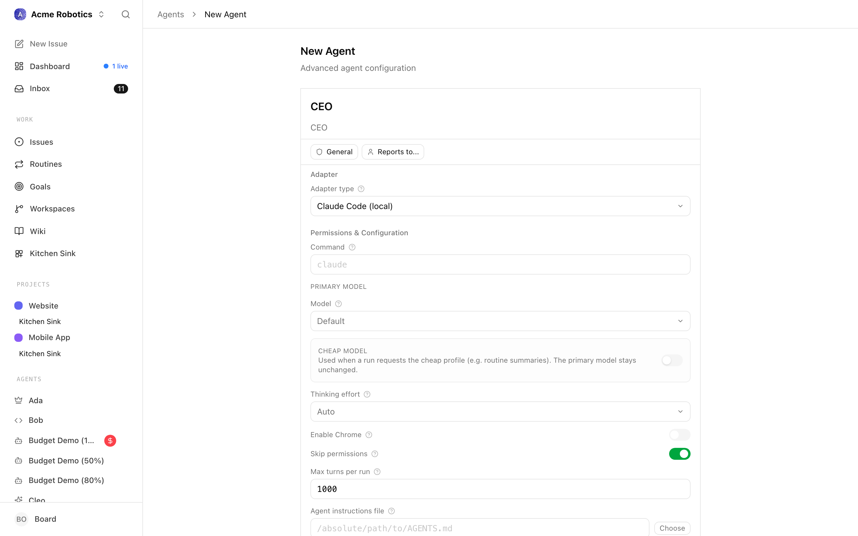 New agent form with name and role fields