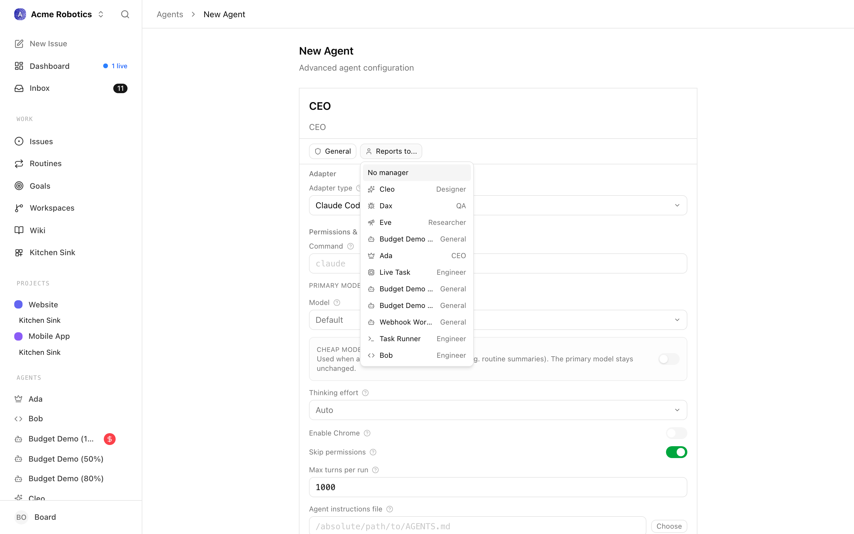 New agent form showing the Reports to dropdown with CEO selected