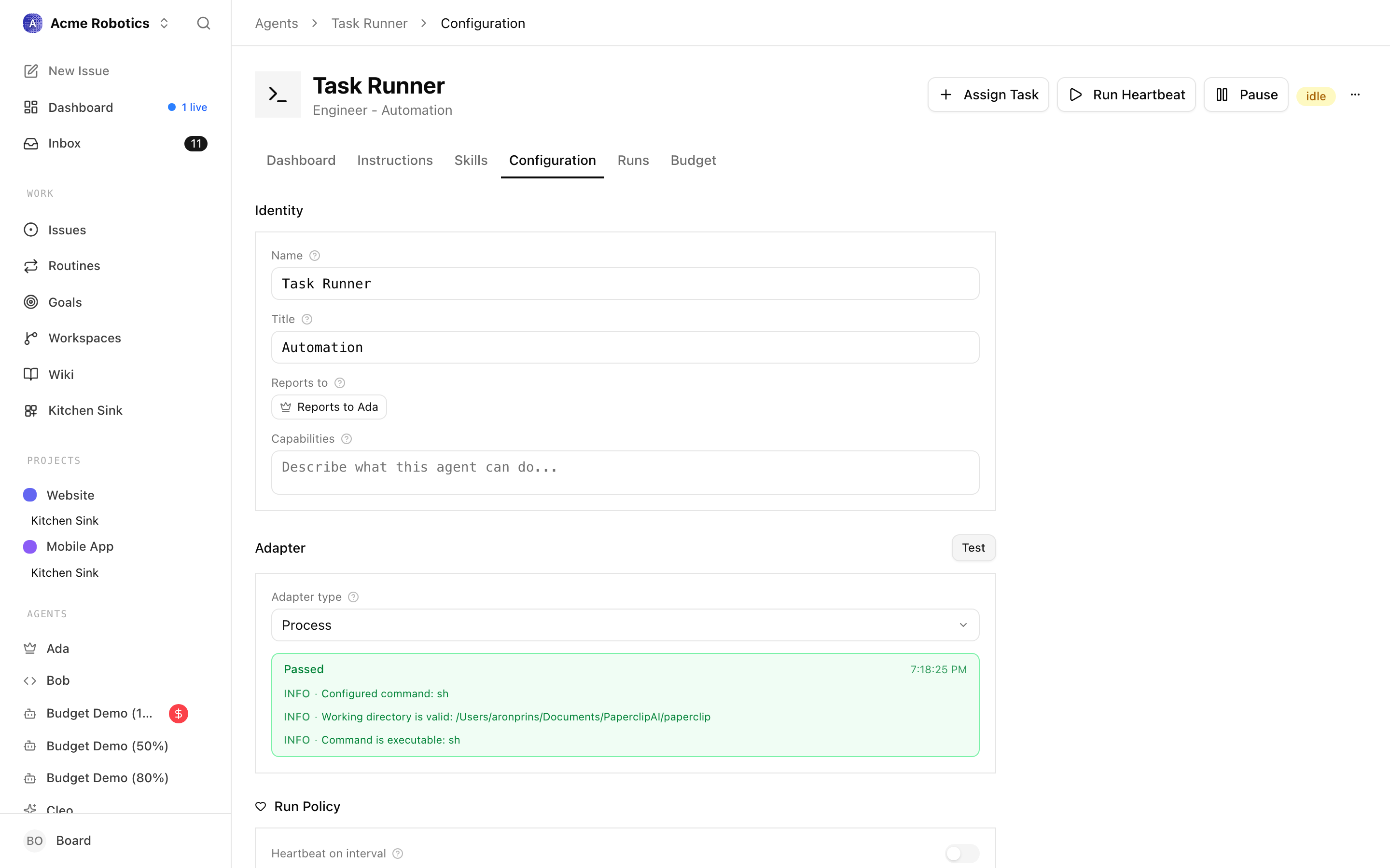 The test environment result showing a success state