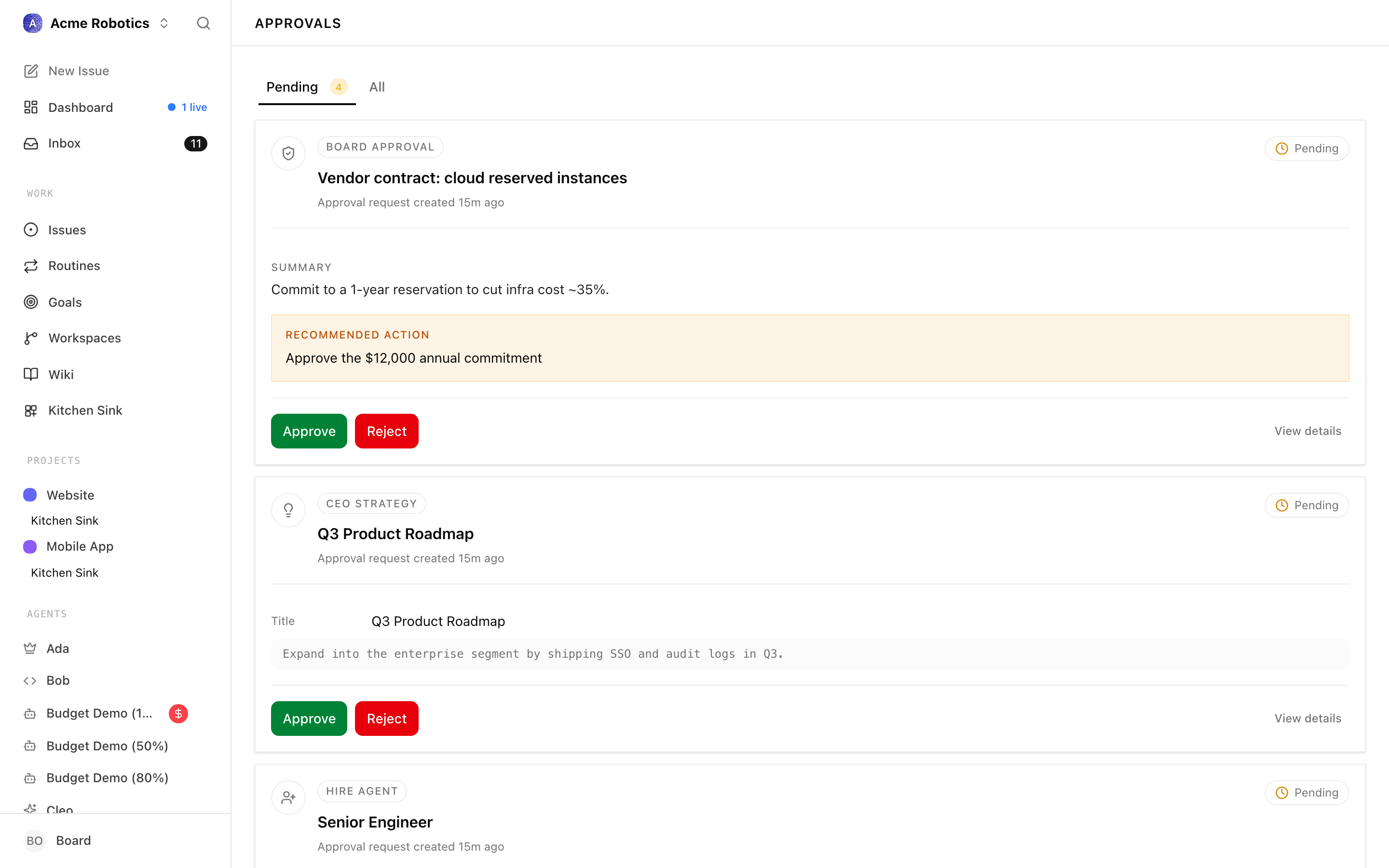 The approvals list showing pending strategy and hire_agent approvals