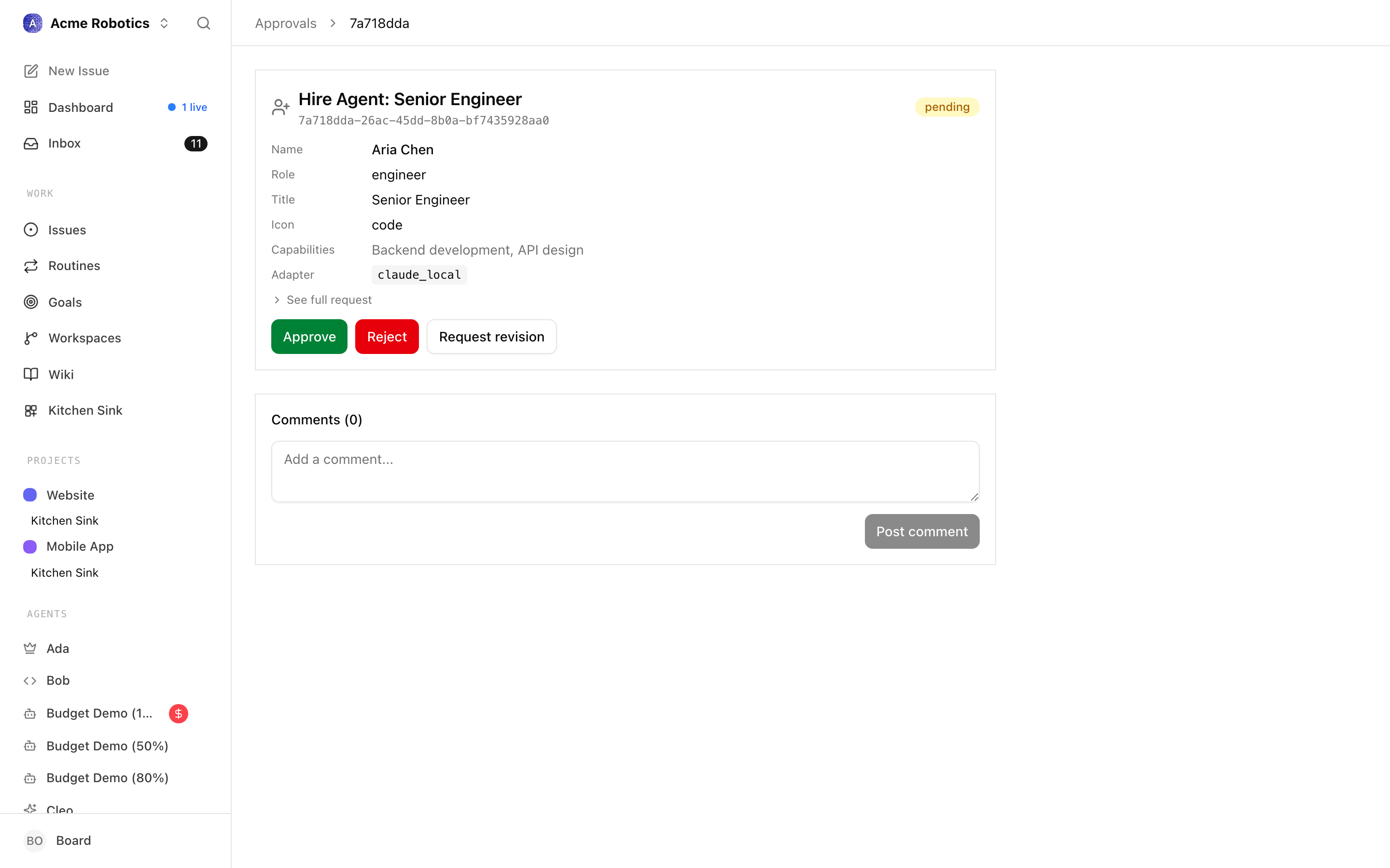 The approve, request revision, and reject buttons on the strategy approval page