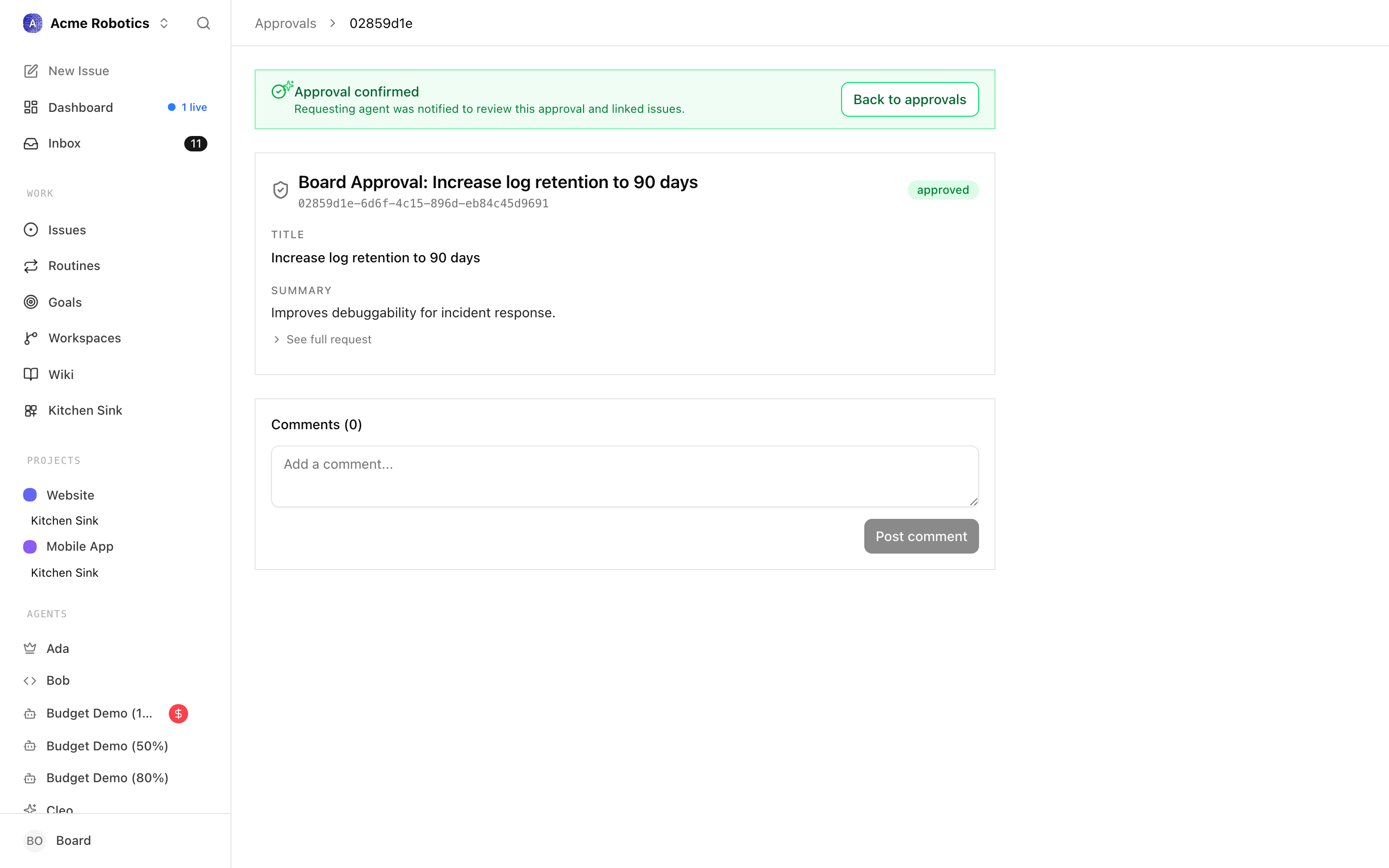 An approved approval showing the approved status badge and the timestamp of the decision