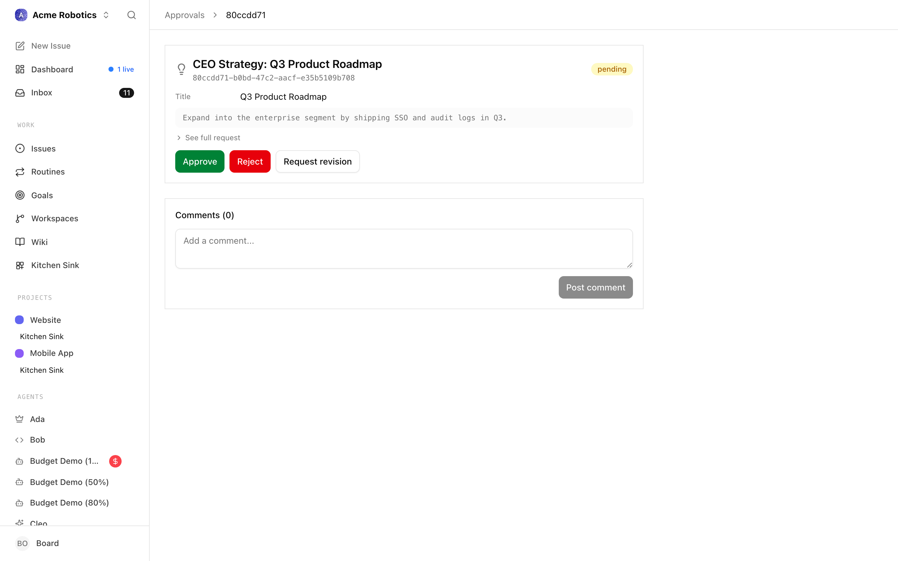 The strategy approval detail page showing the CEO's proposed plan