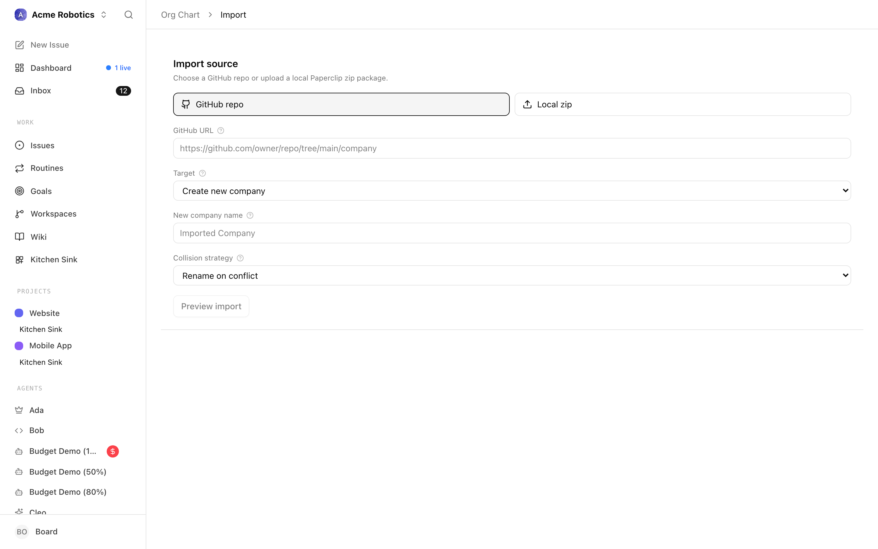 Import dialog