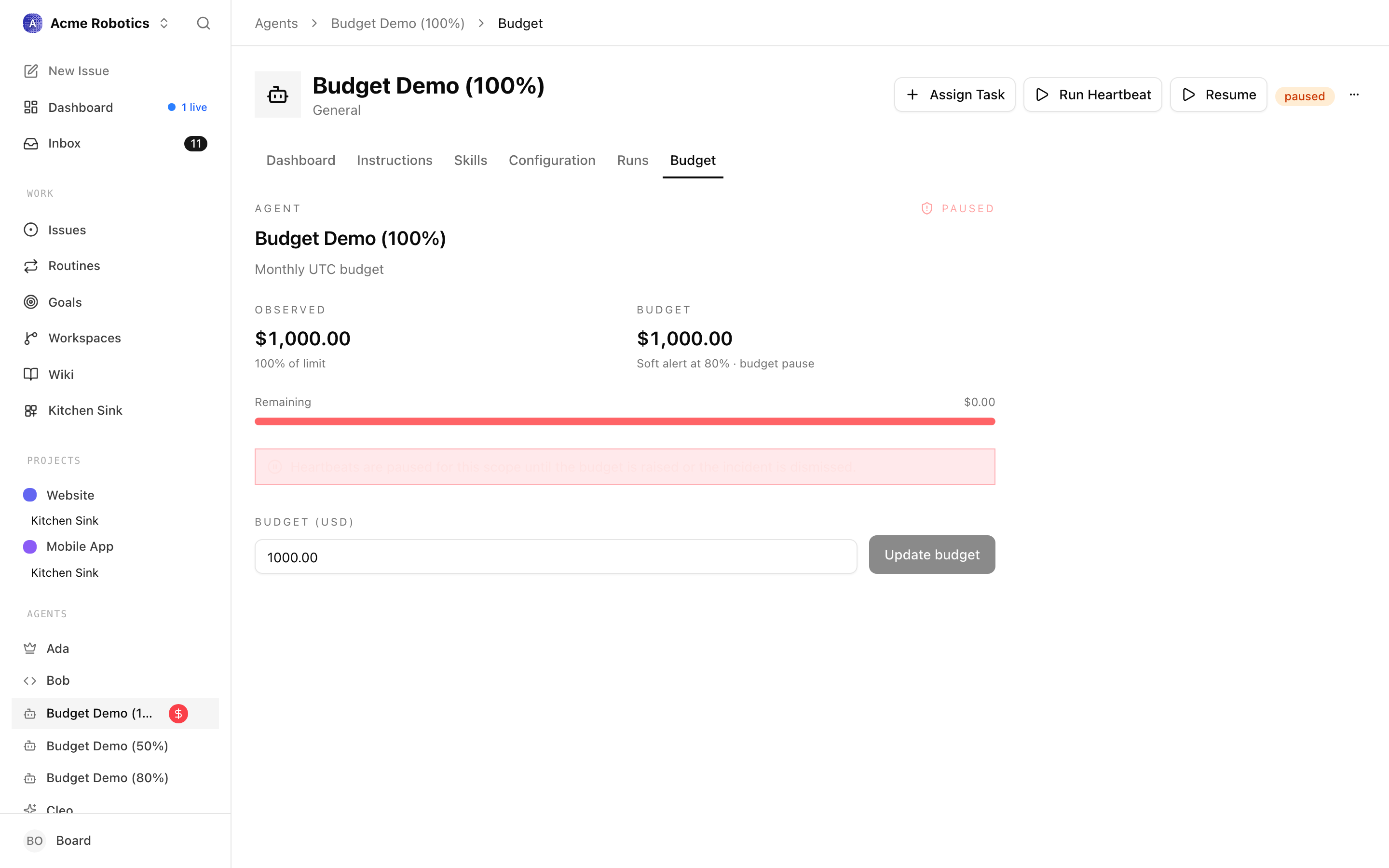 Per-agent budget bar at 100% — red, agent shown as paused