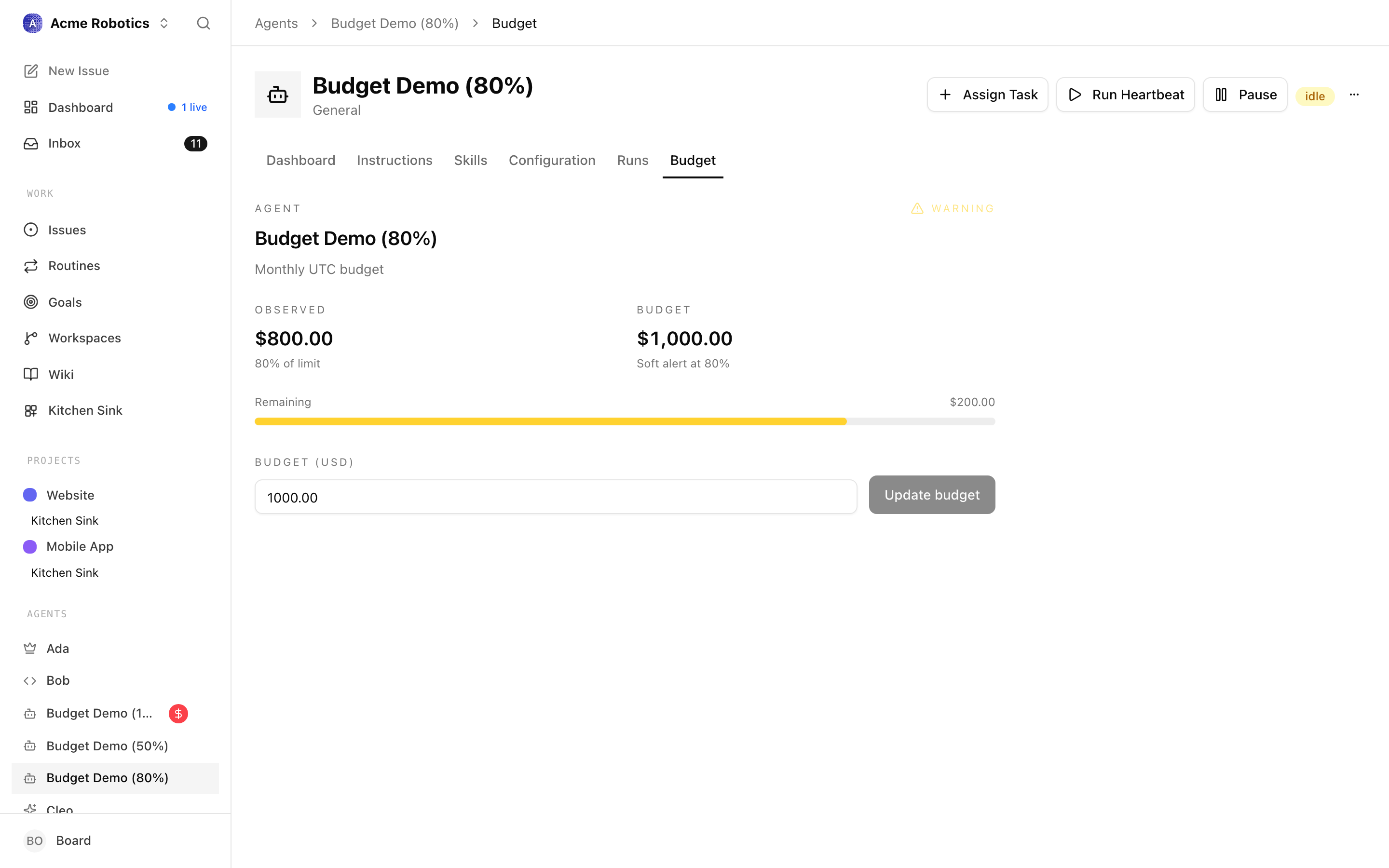 Agent budget bar at 80% — amber warning state