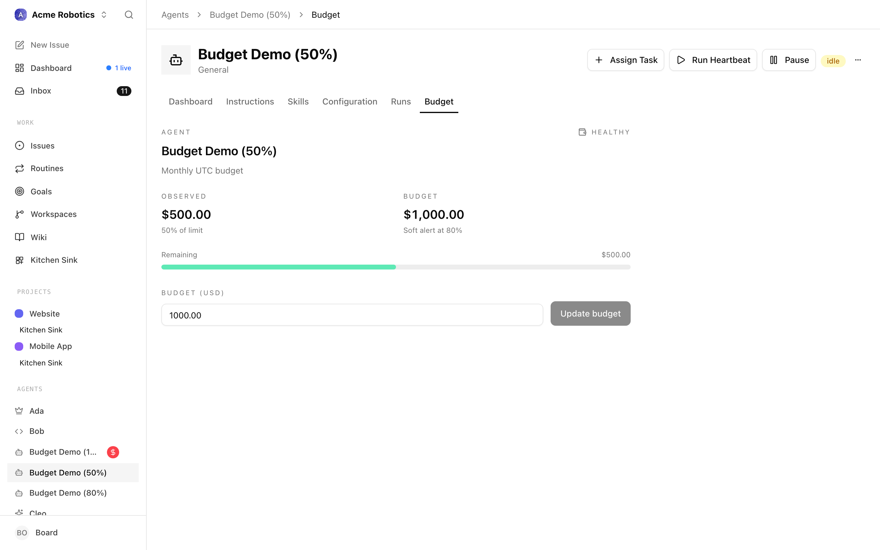 The cost summary panel showing per-agent budget bars with current spend