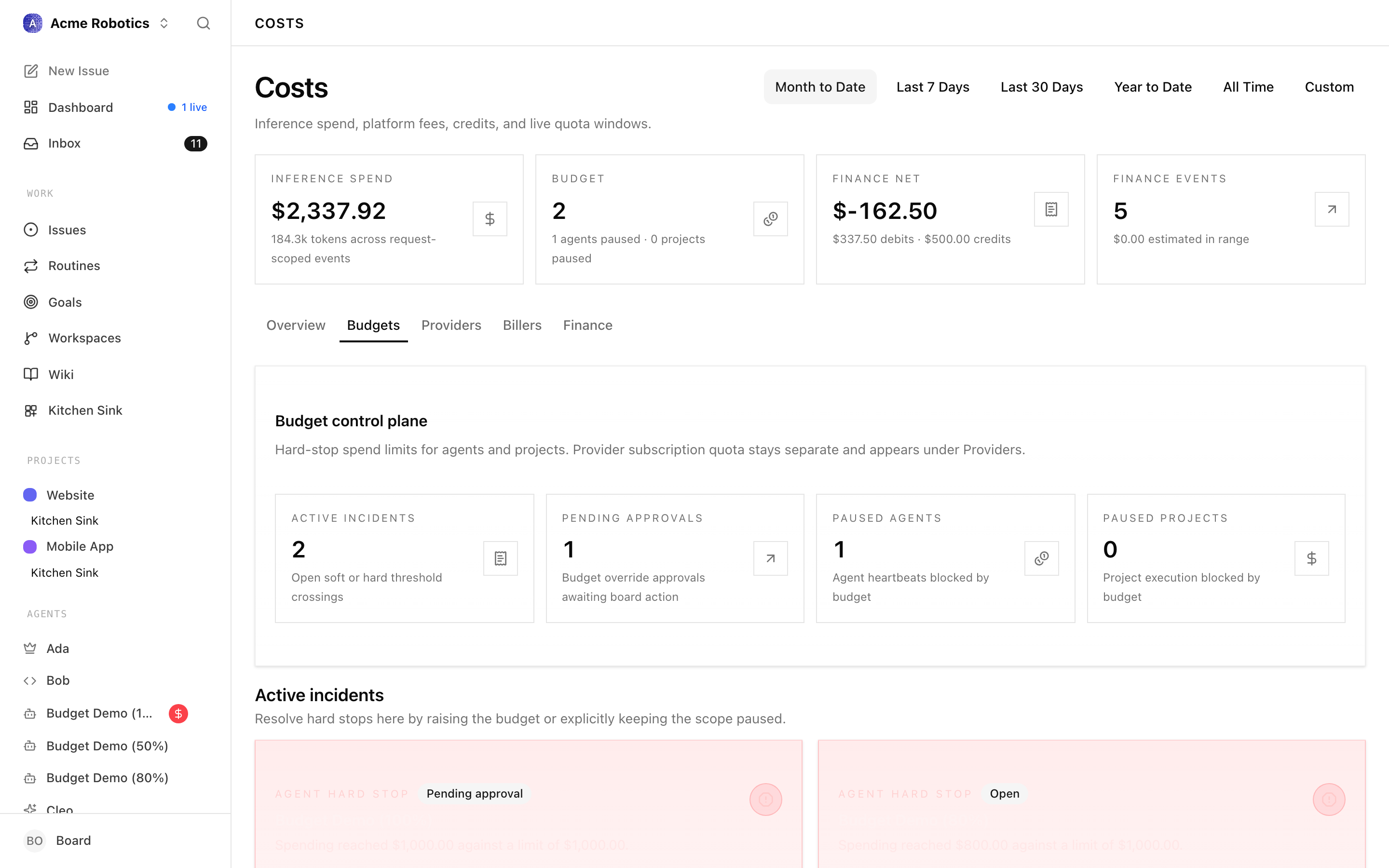 Company settings page showing the Monthly Budget field