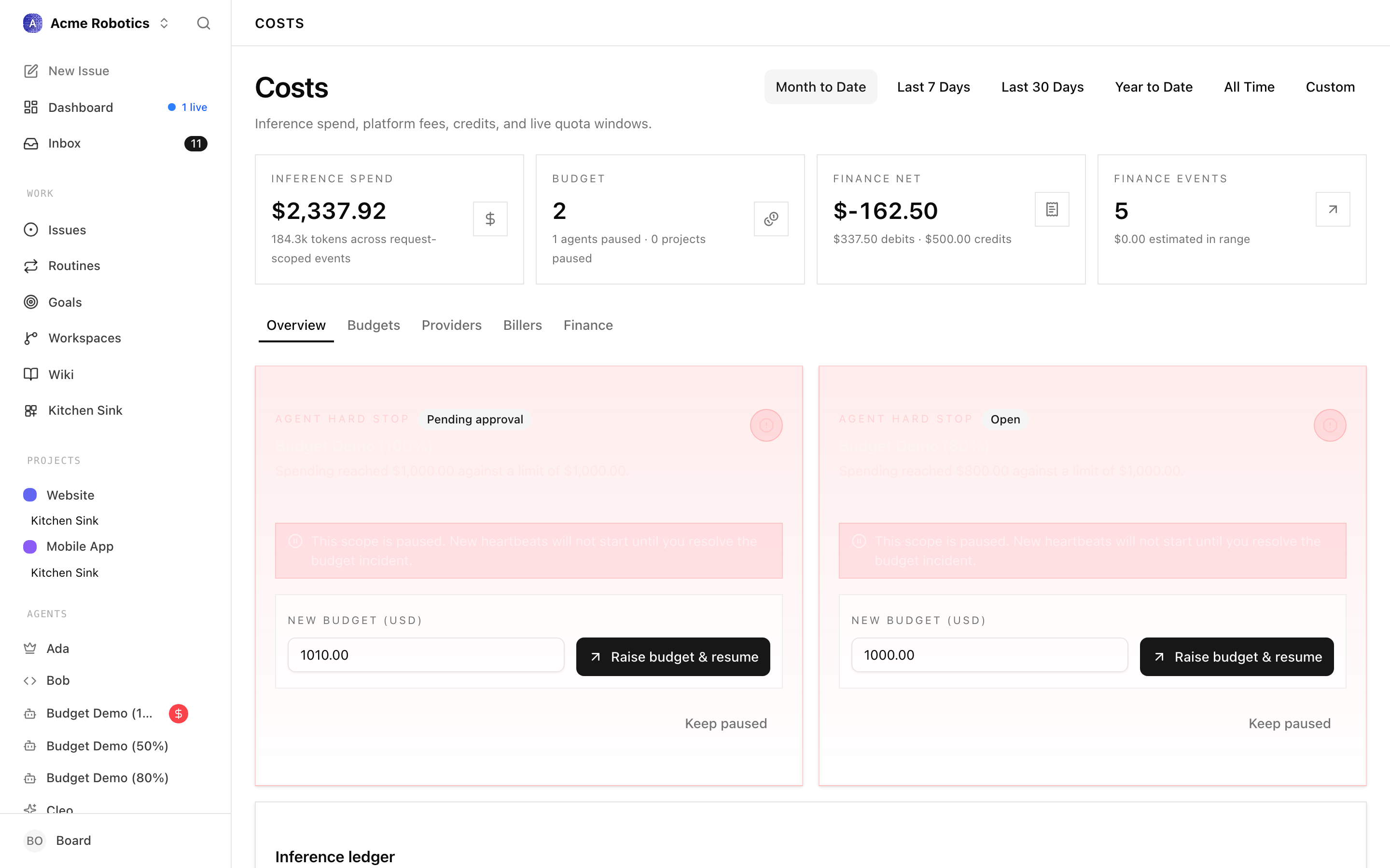 Cost Summary dashboard panel showing per-agent budget bars, two green and one amber