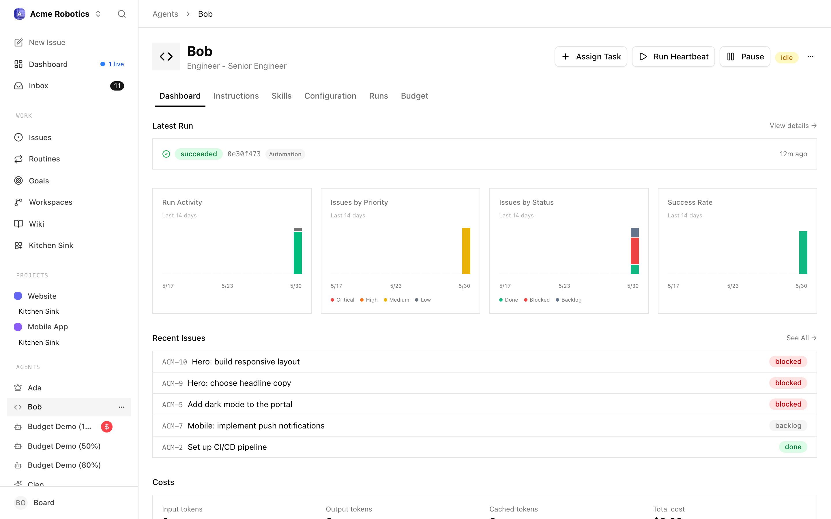 Per-run cost detail showing model, input tokens, output tokens, and dollar cost for each heartbeat