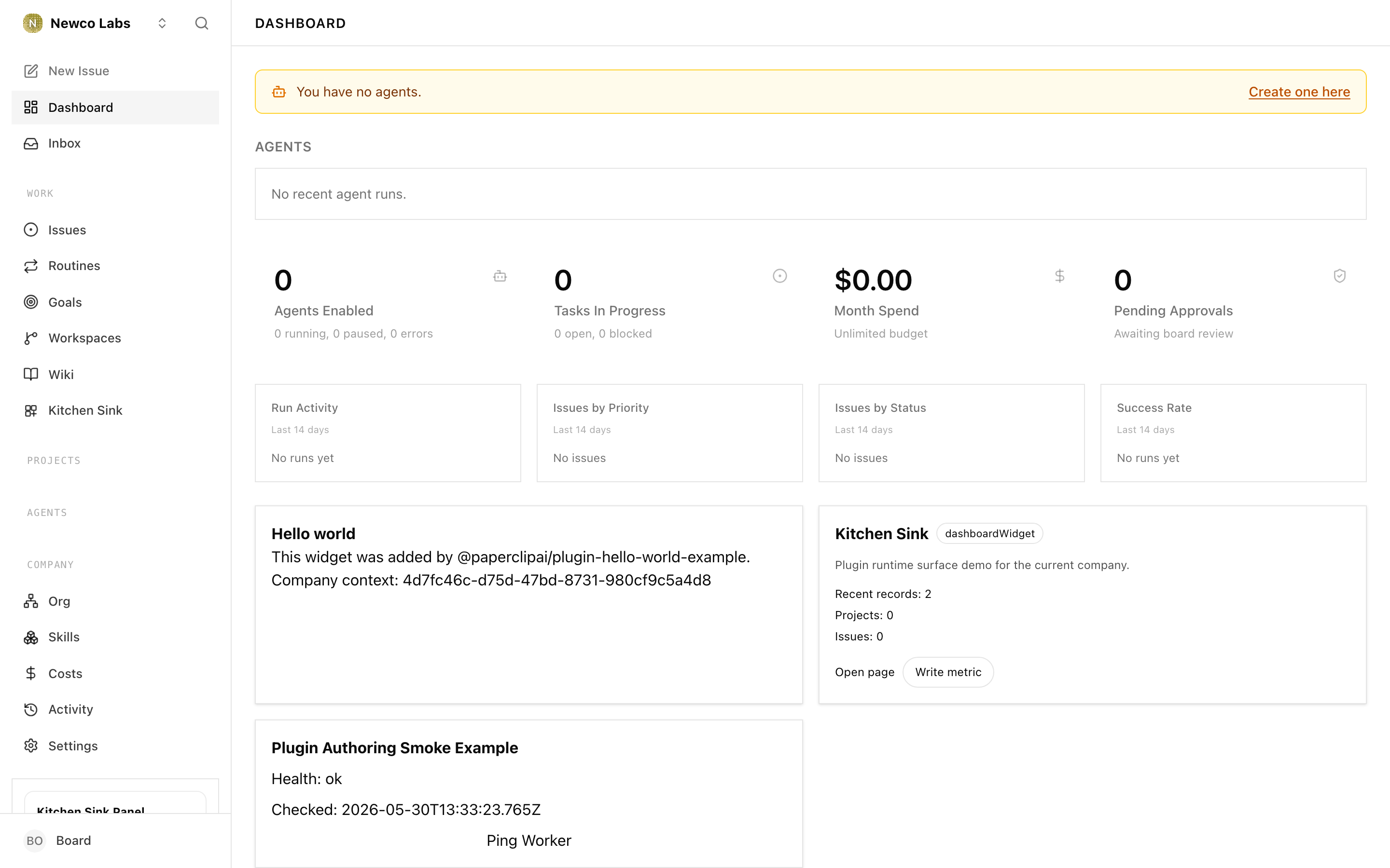 The empty company dashboard after creation, with no agents or tasks yet