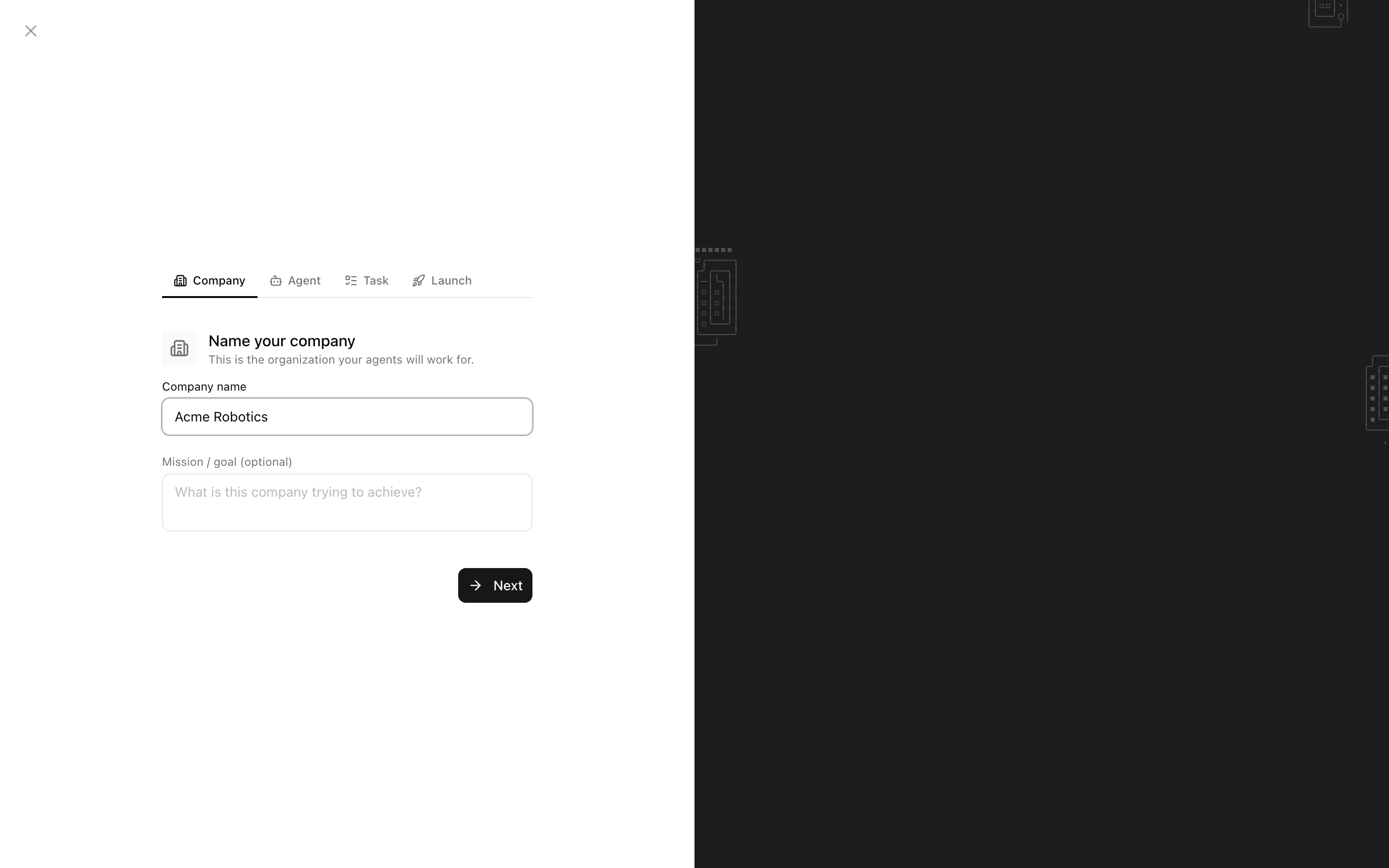The goal field in the New Company modal with an example goal entered