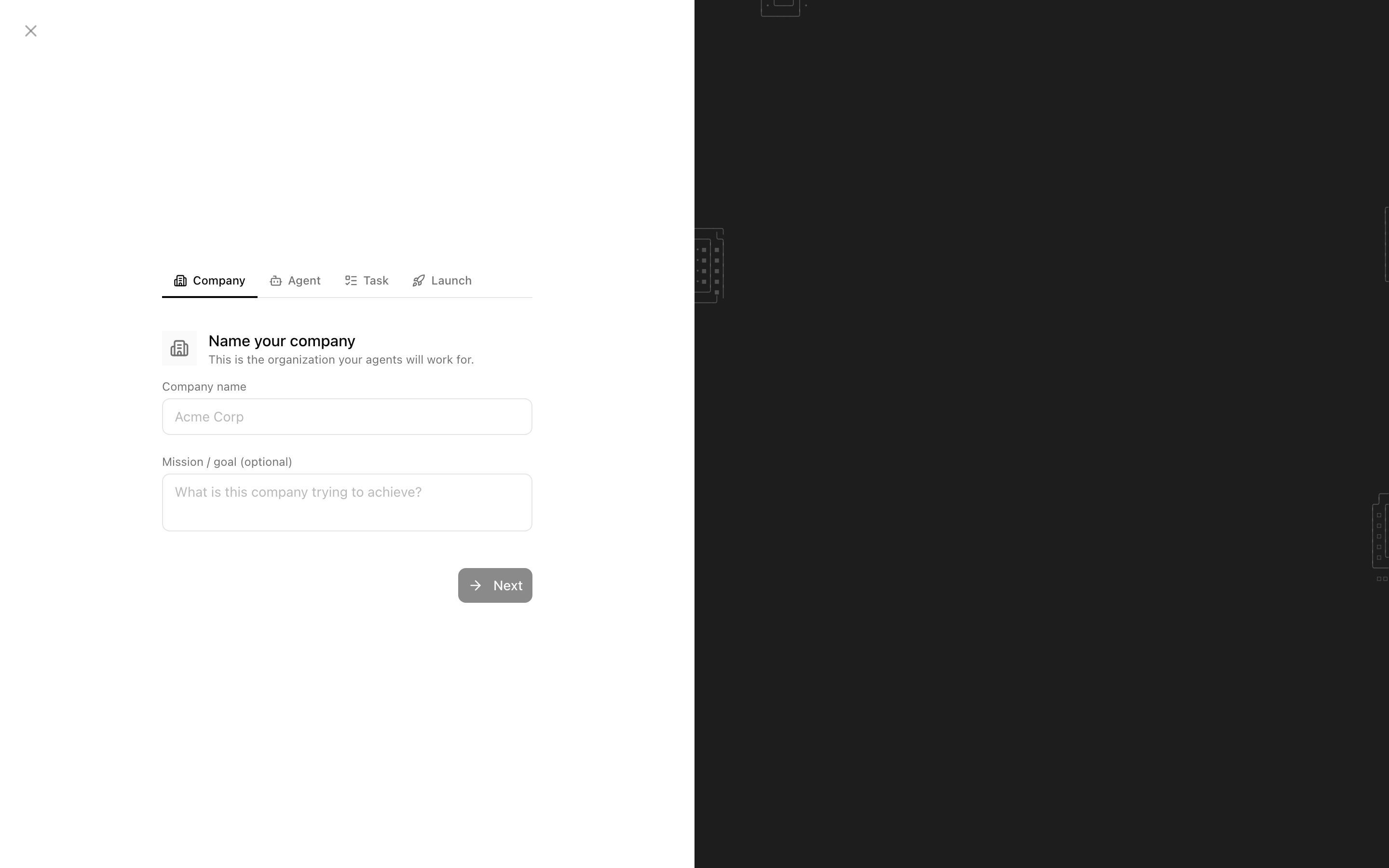 The New Company modal, empty and ready to fill in